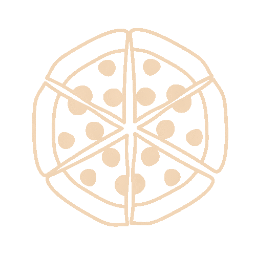 A stylized, faint outline of a pepperoni pizza with seven slices and pepperoni toppings on a beige background.