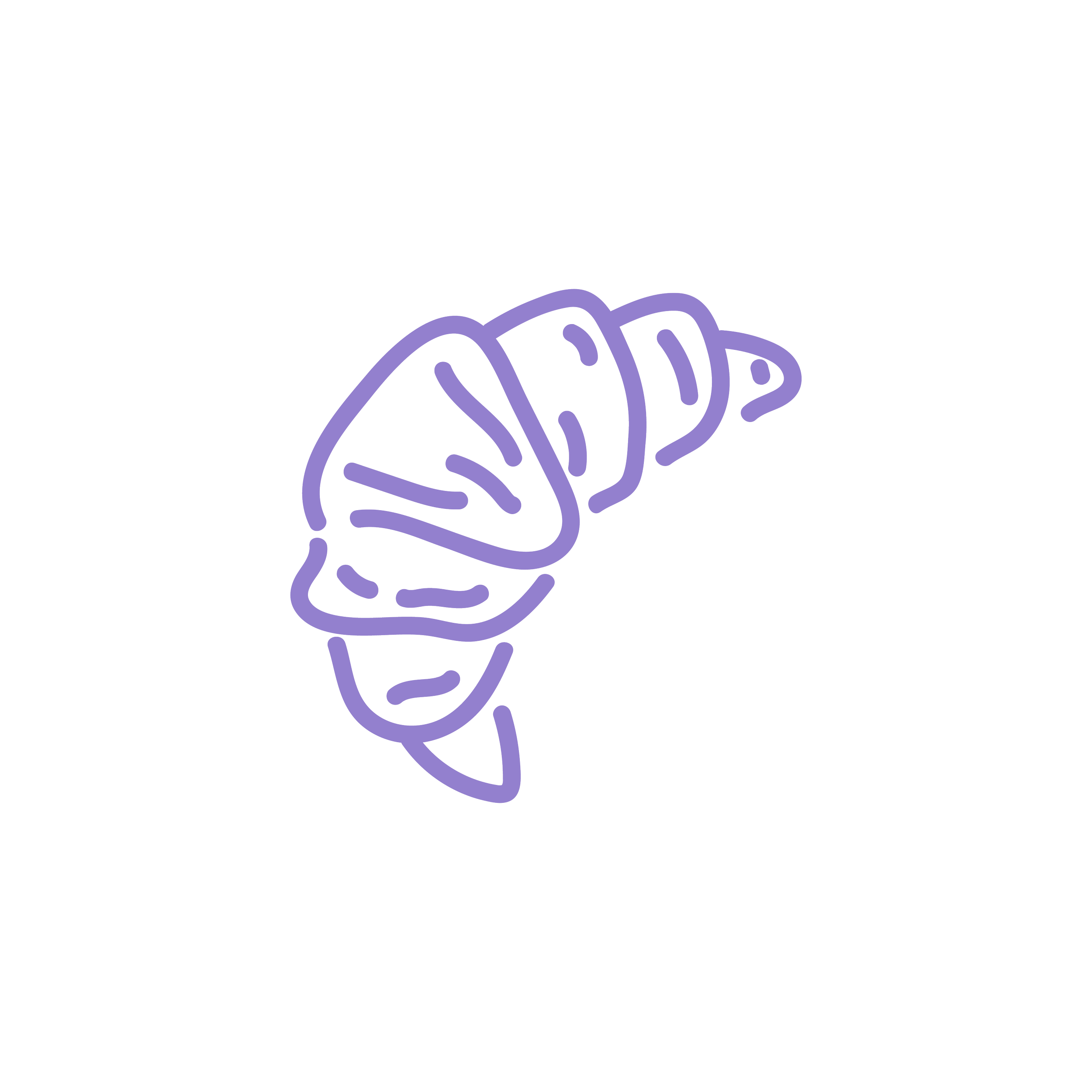 Outline of a croissant in purple on a black background.