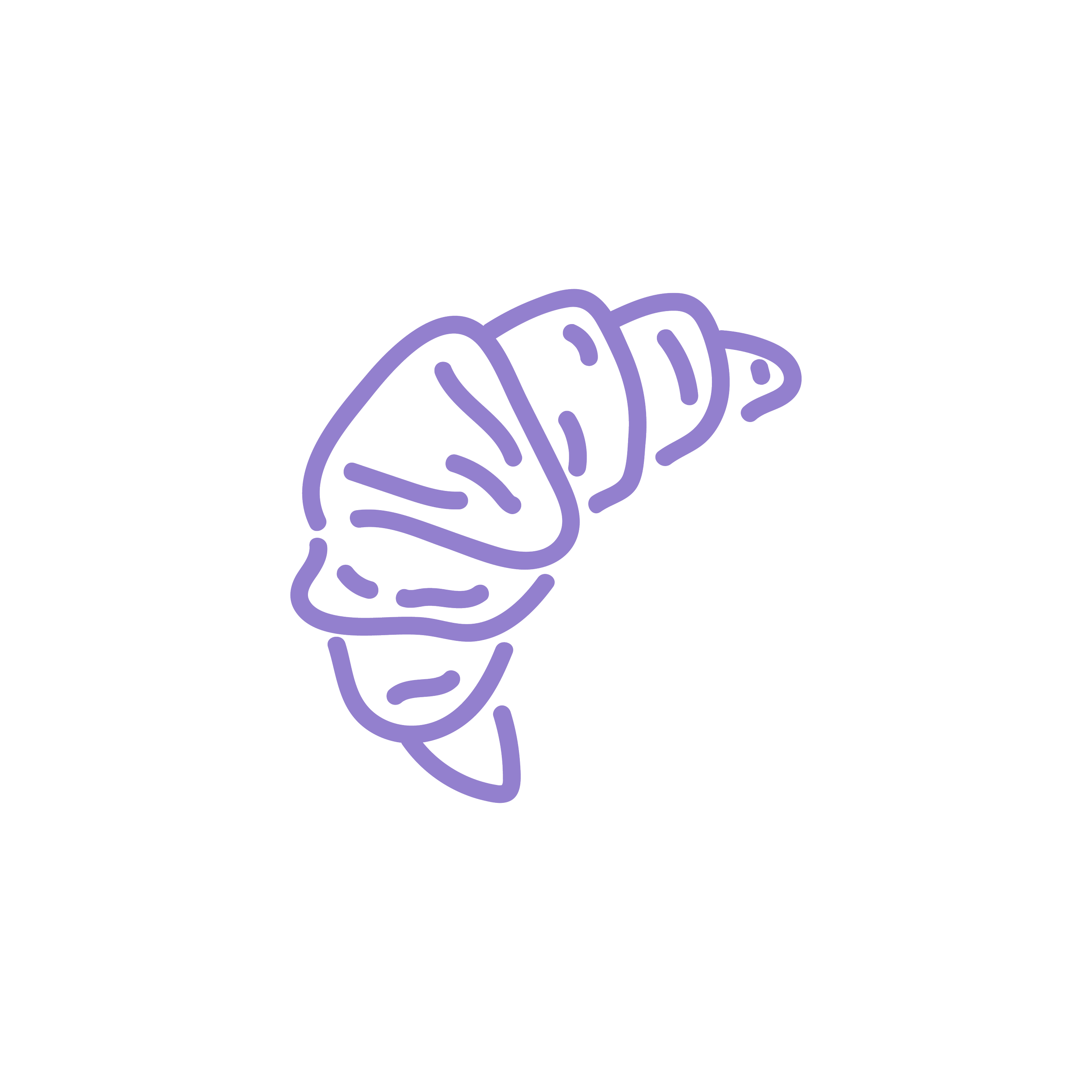 Line drawing of a crescent-shaped croissant outlined in purple on a black background.