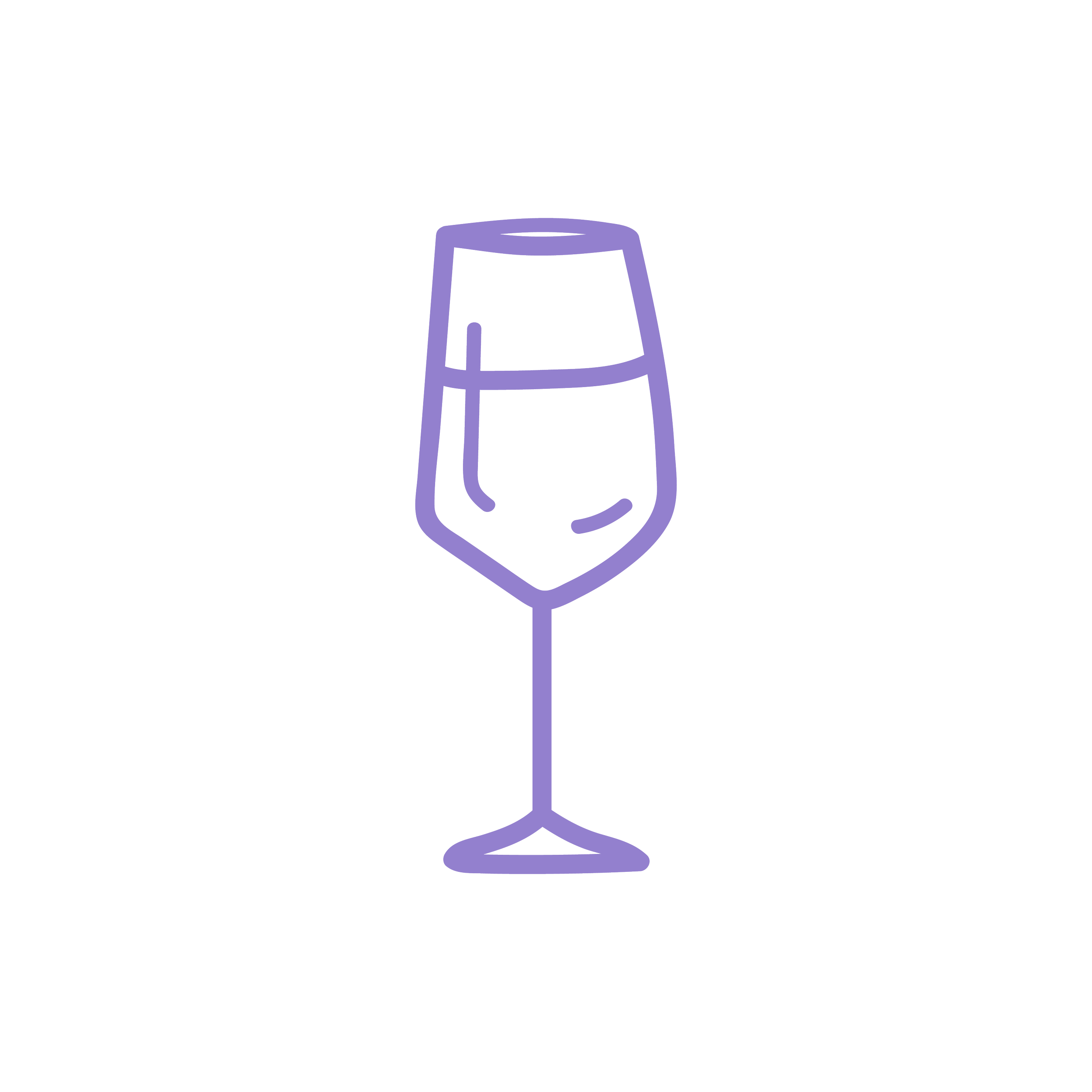 Outline drawing of a wine glass filled with liquid, in purple color.