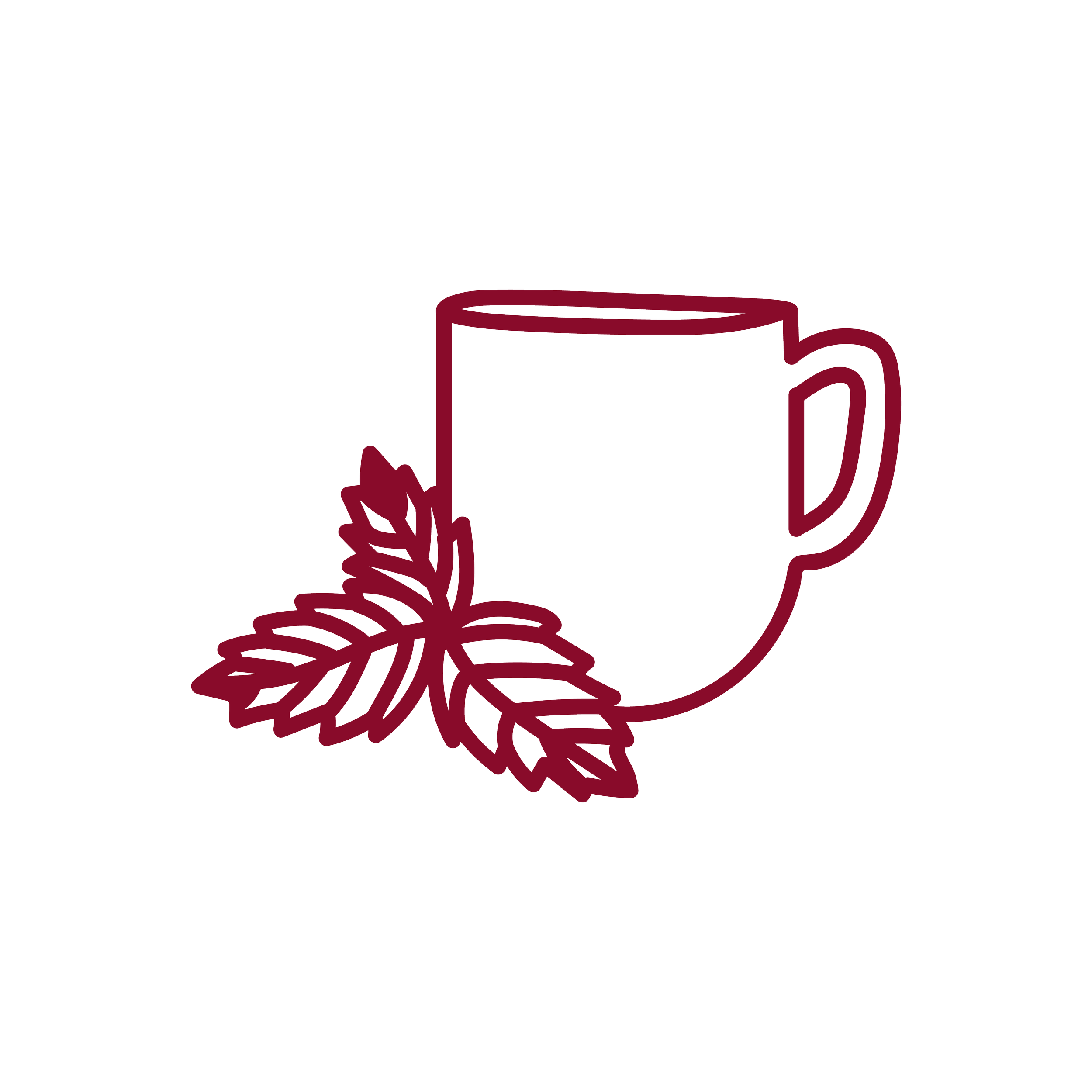 Outline drawing of a mug with a sprig of mint leaves beside it.