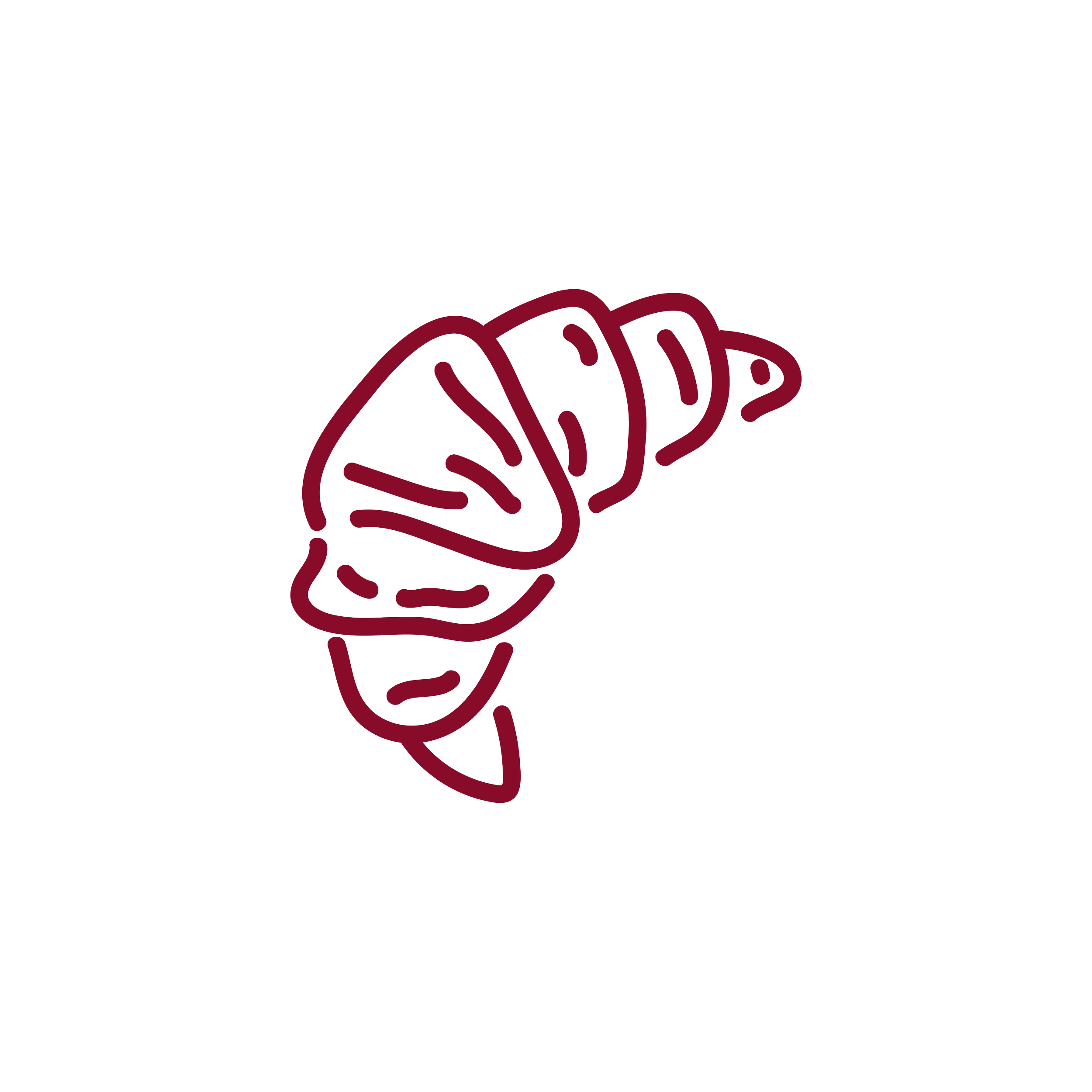 A minimalist line drawing of a croissant seashell in maroon on a clear background.