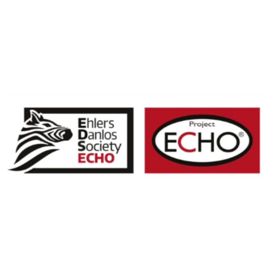 Logos of Ehlers Danlos Society ECHO project on a white background. The left logo features a zebra illustration and the organization name, while the right logo says 'Project ECHO' with a red background.