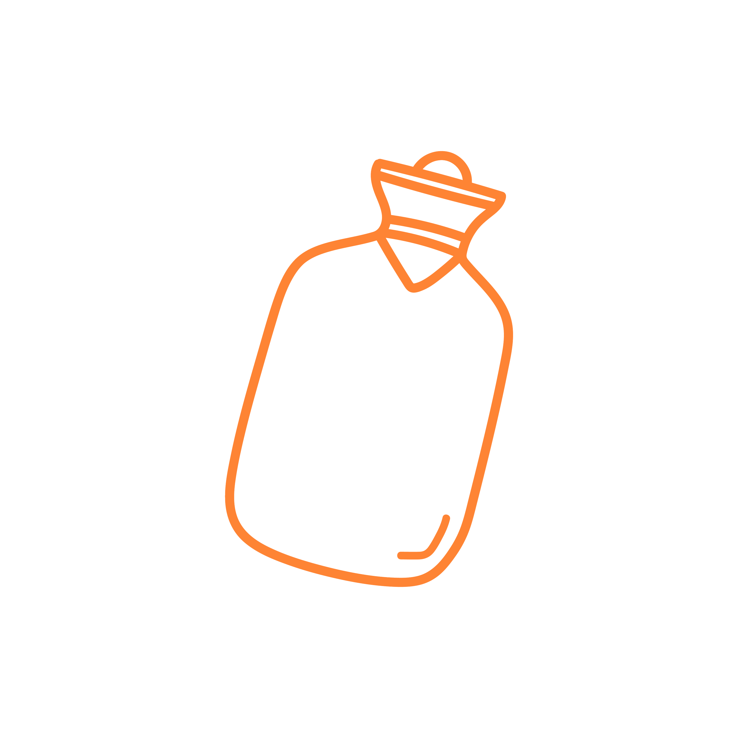 Outline illustration of a water bottle with a cap, in orange color on a black background.