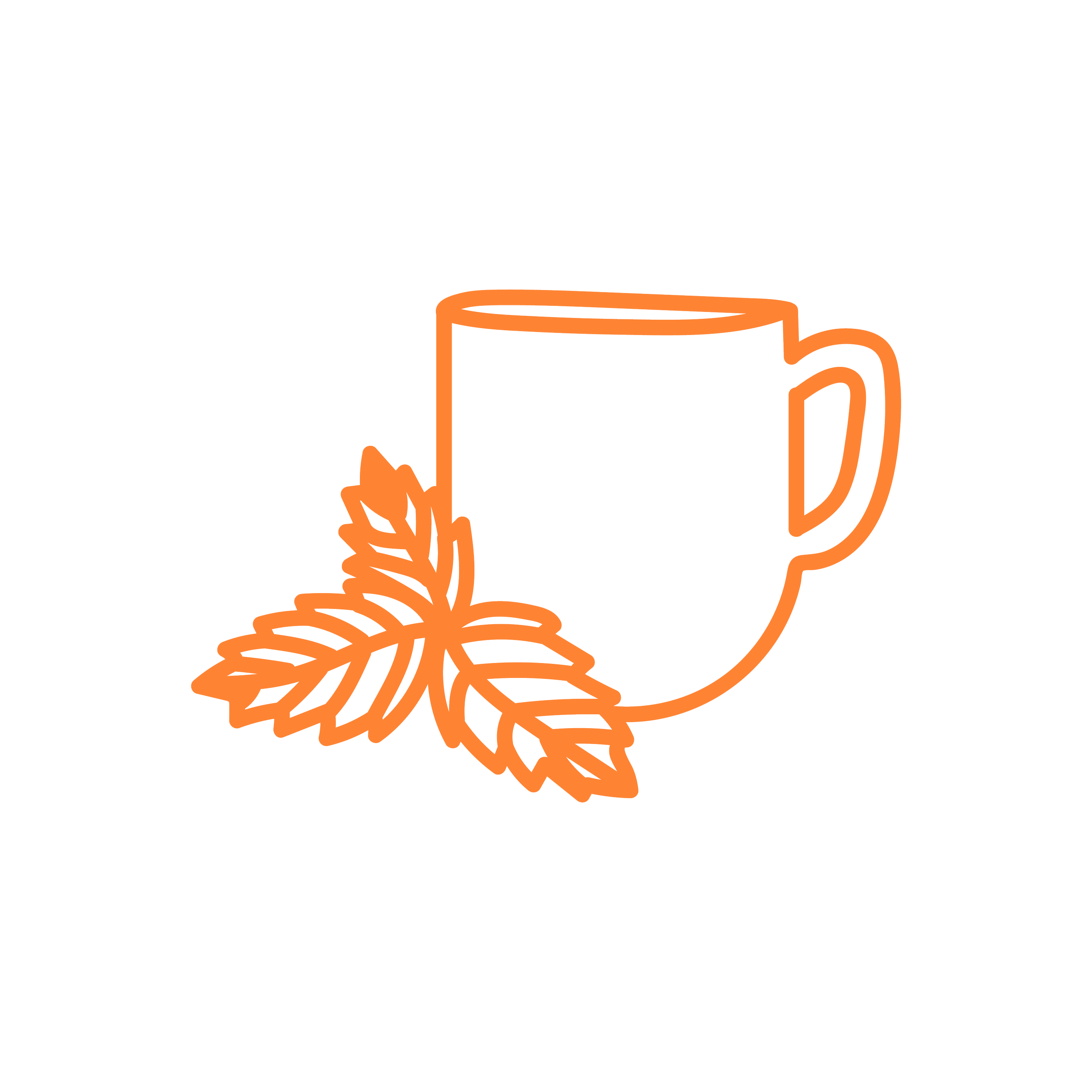 An orange outline illustration of a coffee mug with a frothy beverage, accompanied by a sprig of mint leaves, on a black background.