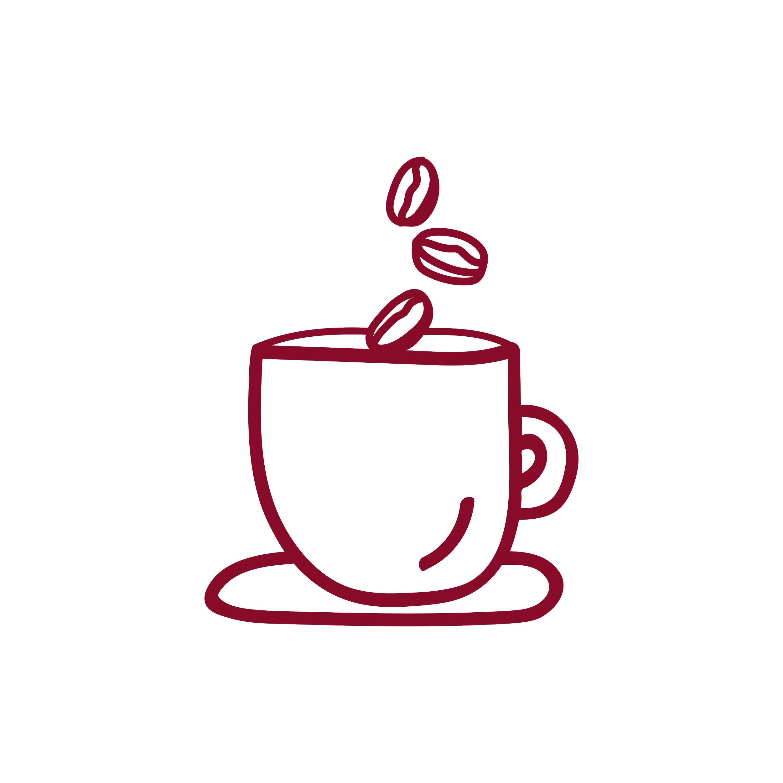 Outline illustration of a coffee cup with coffee beans falling into it, placed on a saucer.