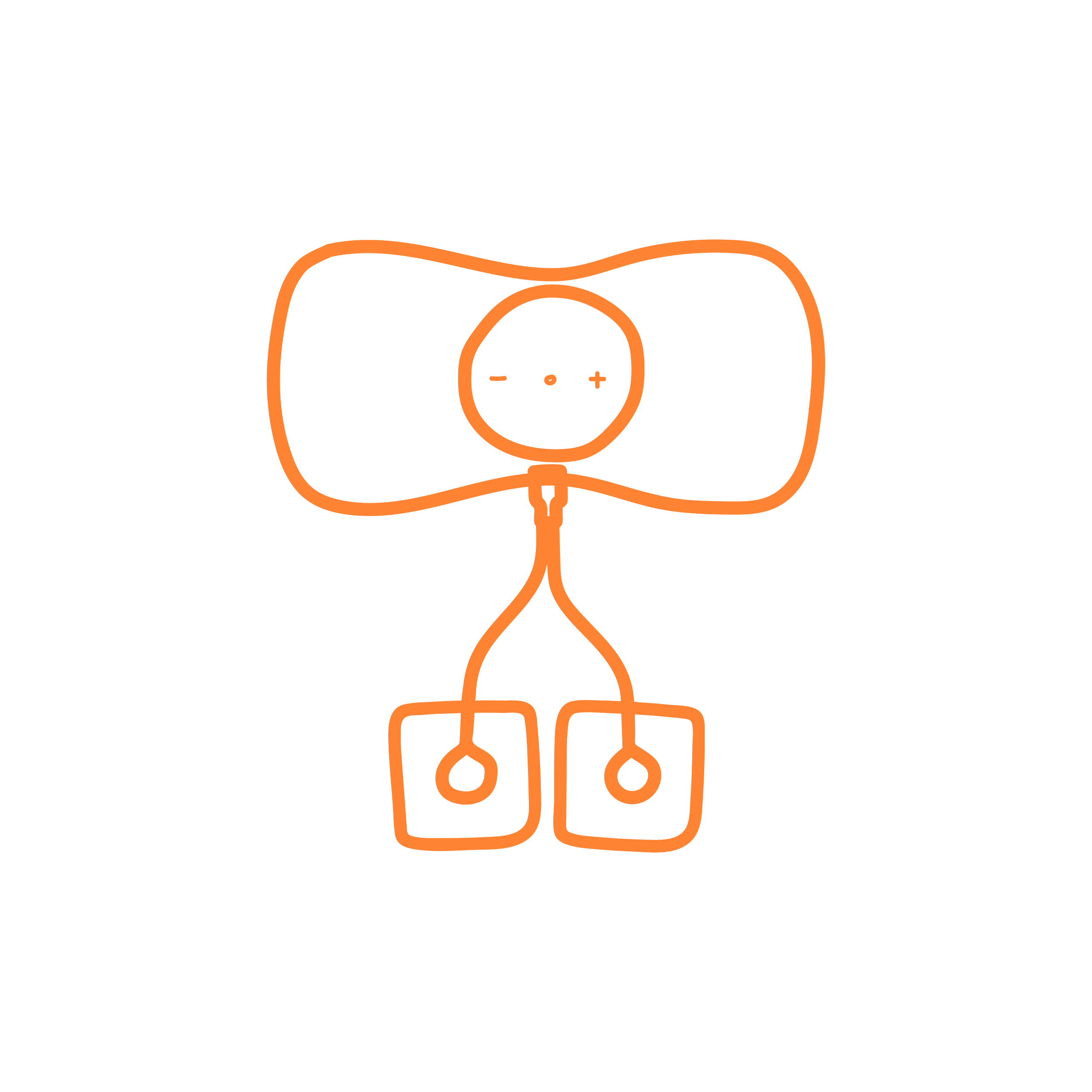 Illustration of a person with headphones, a smiling face, and two square icons connected by lines, all in orange on a black background.