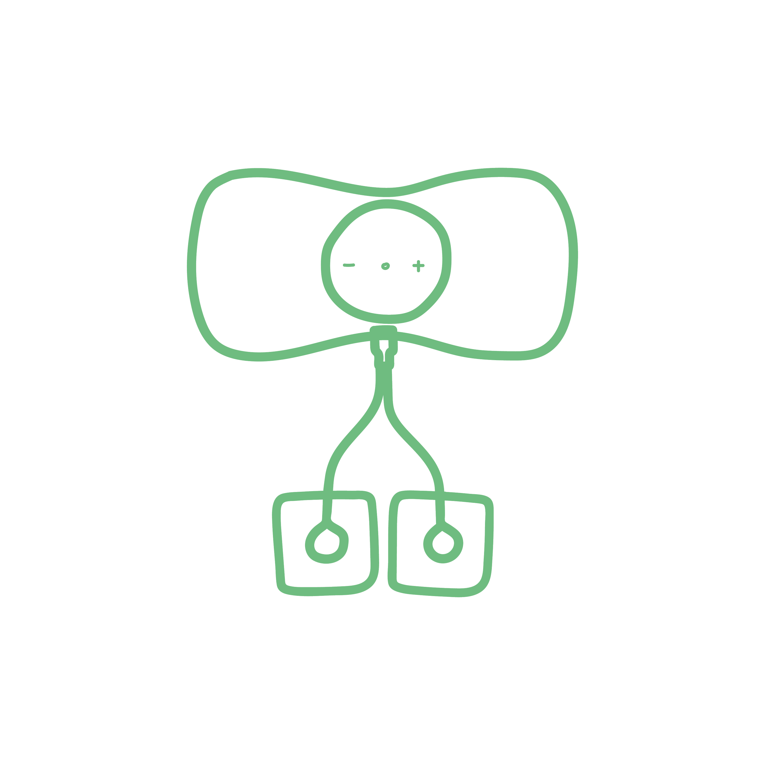 A minimalist line drawing of a person with a round head, smiling face, wearing a large bow and two square objects connected to their body with wires.