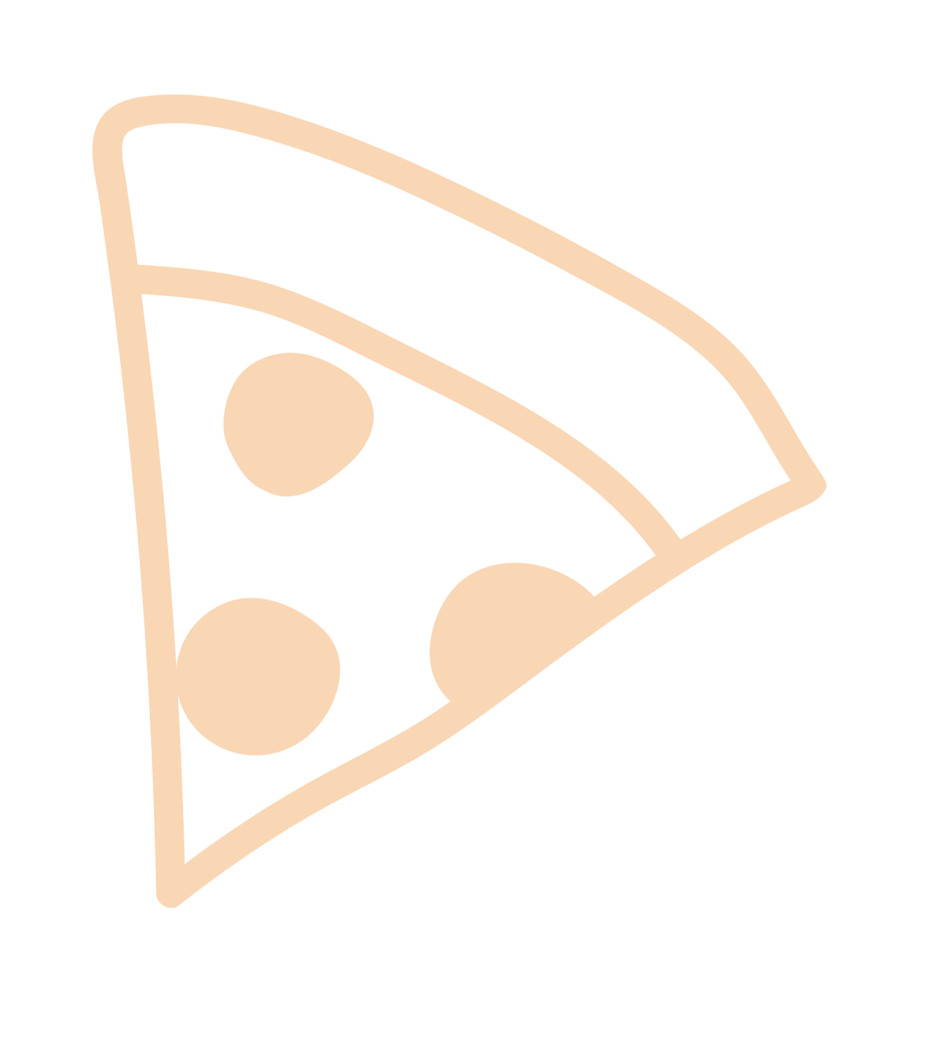 Minimalist icon of a slice of pizza with three circular toppings.