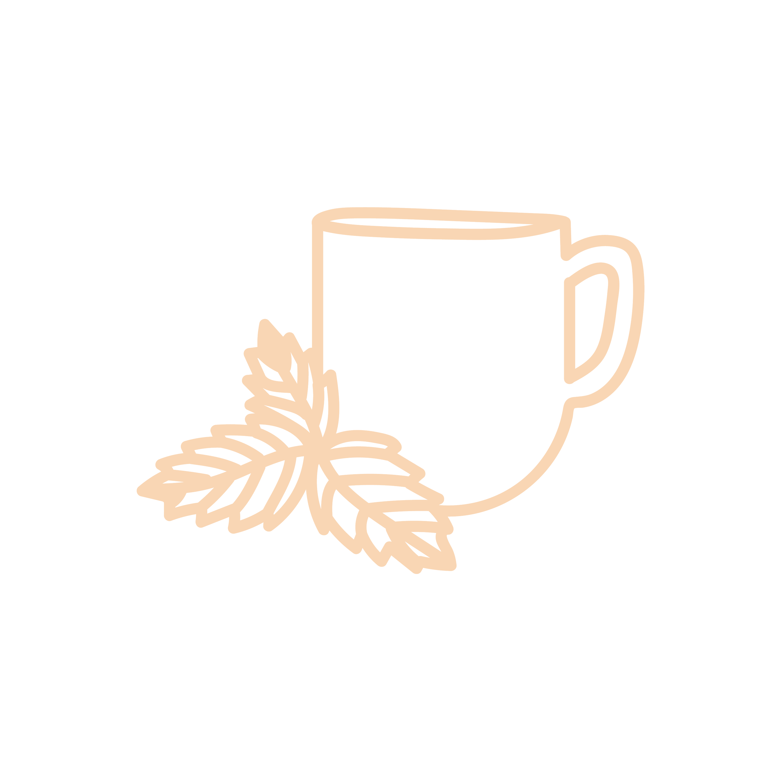 Line drawing of a mug with mint leaves beside it.