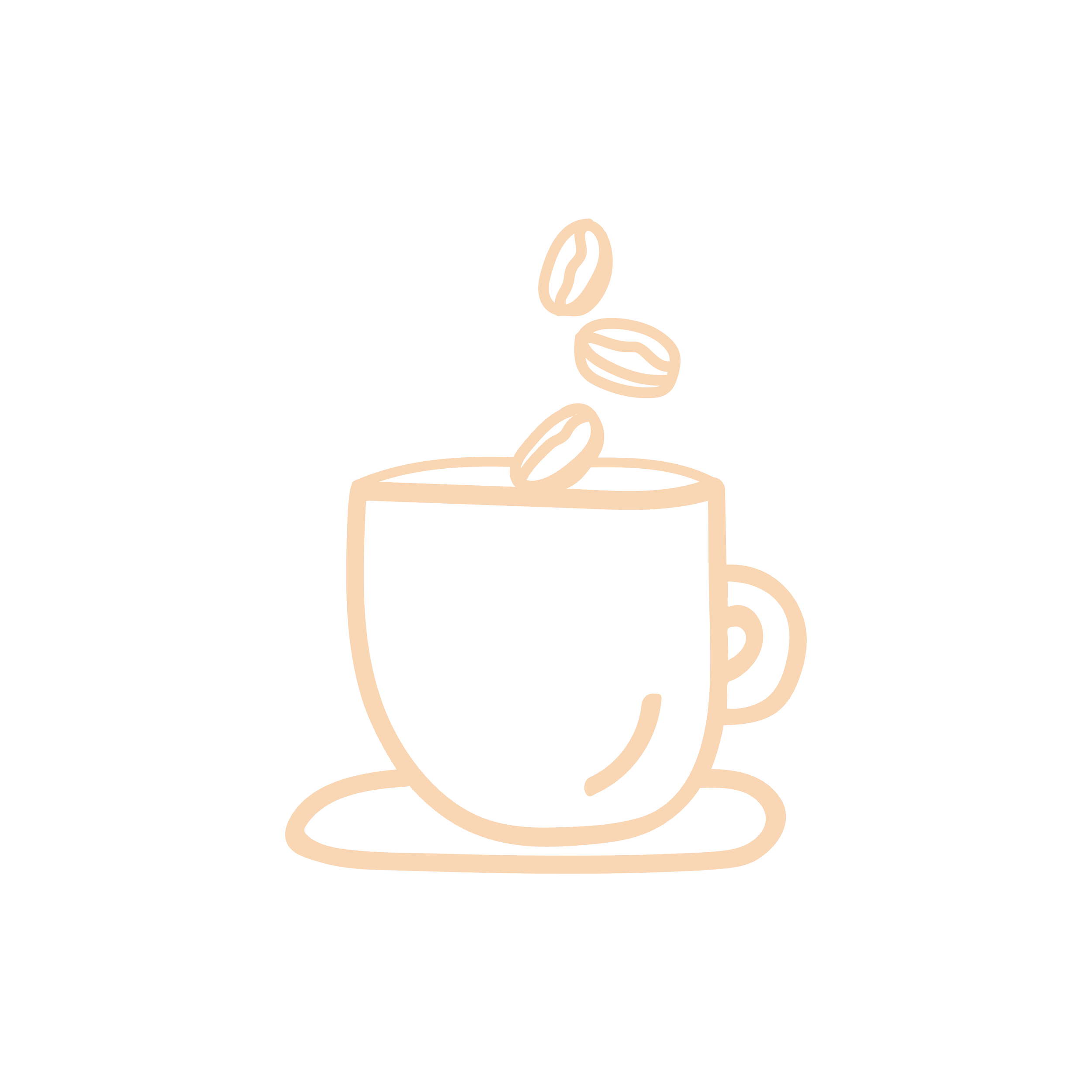Outline illustration of a coffee mug with coffee beans above it, placed on a saucer.