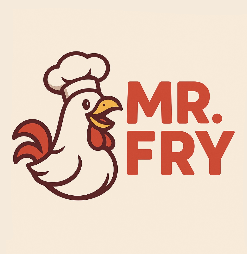 A circular Mr. Fry logo with cartoon chicken and Mr. Fry lettering.