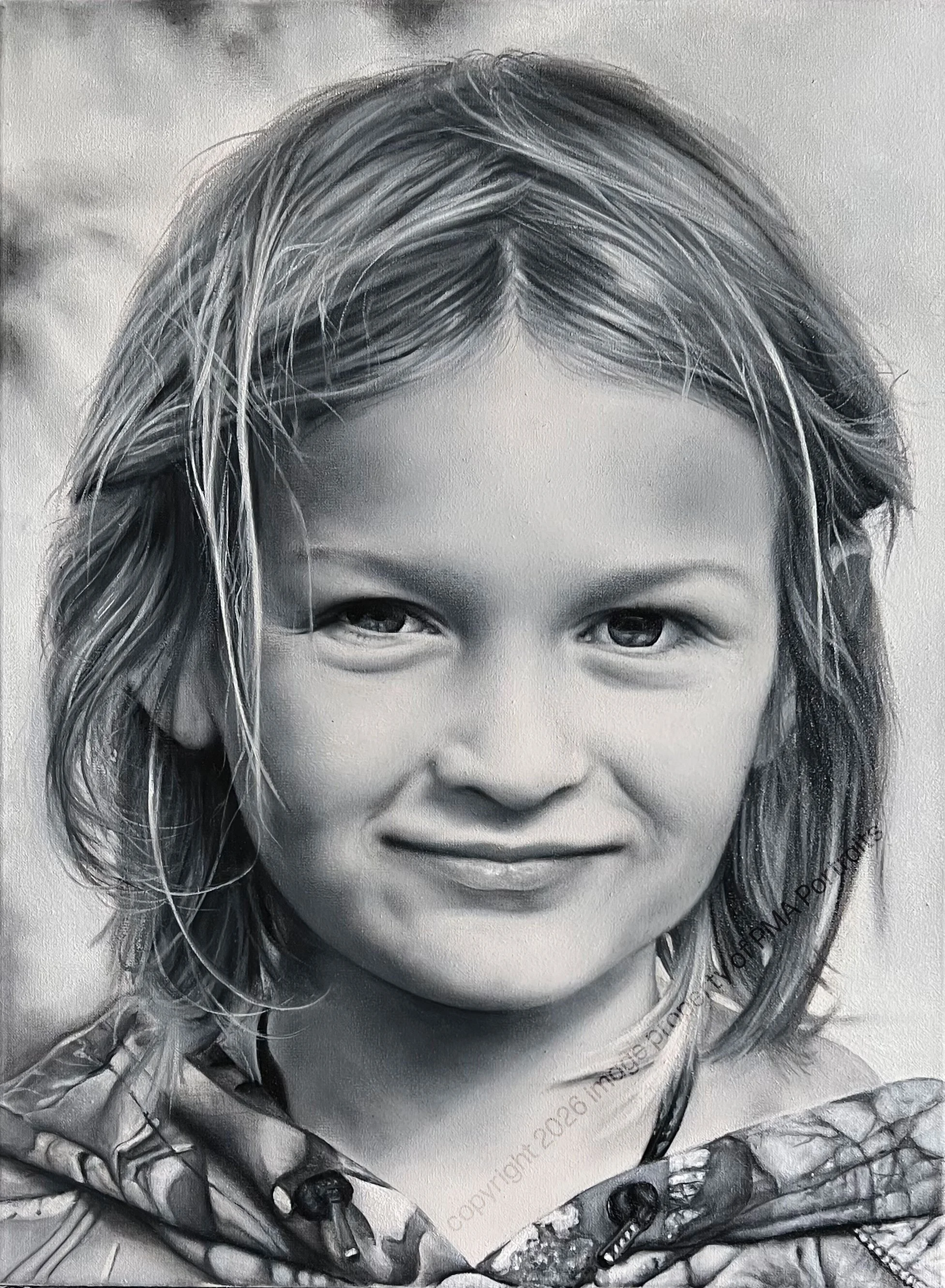 Black and white portrait of a young girl with shoulder-length hair, wearing a patterned hoodie.