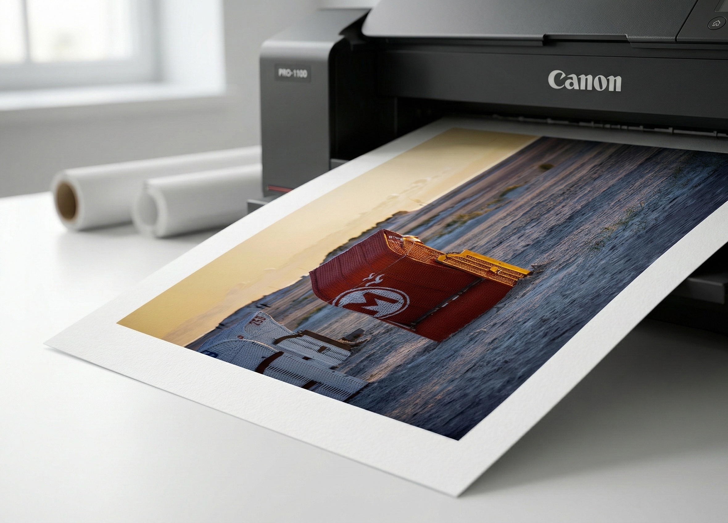 Drucker, der ein Foto vom Strand bei Sonnenuntergang ausdruckt, mit Rollpapier und einem Ausschnitt des Fotos mit Wasser, Strand und einem roten Schwimmflaggen-Post