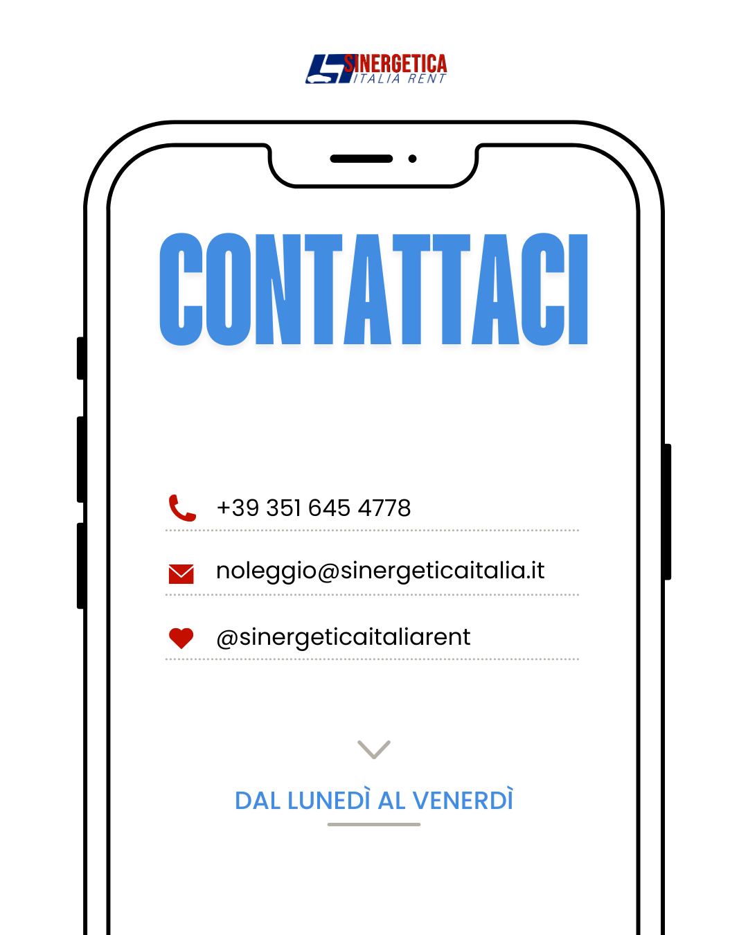 Icone e contatti di azienda con numero di telefono, email e social media sopra un disegno di uno smartphone. L'azienda si chiama Sinergetica Italia Rent.