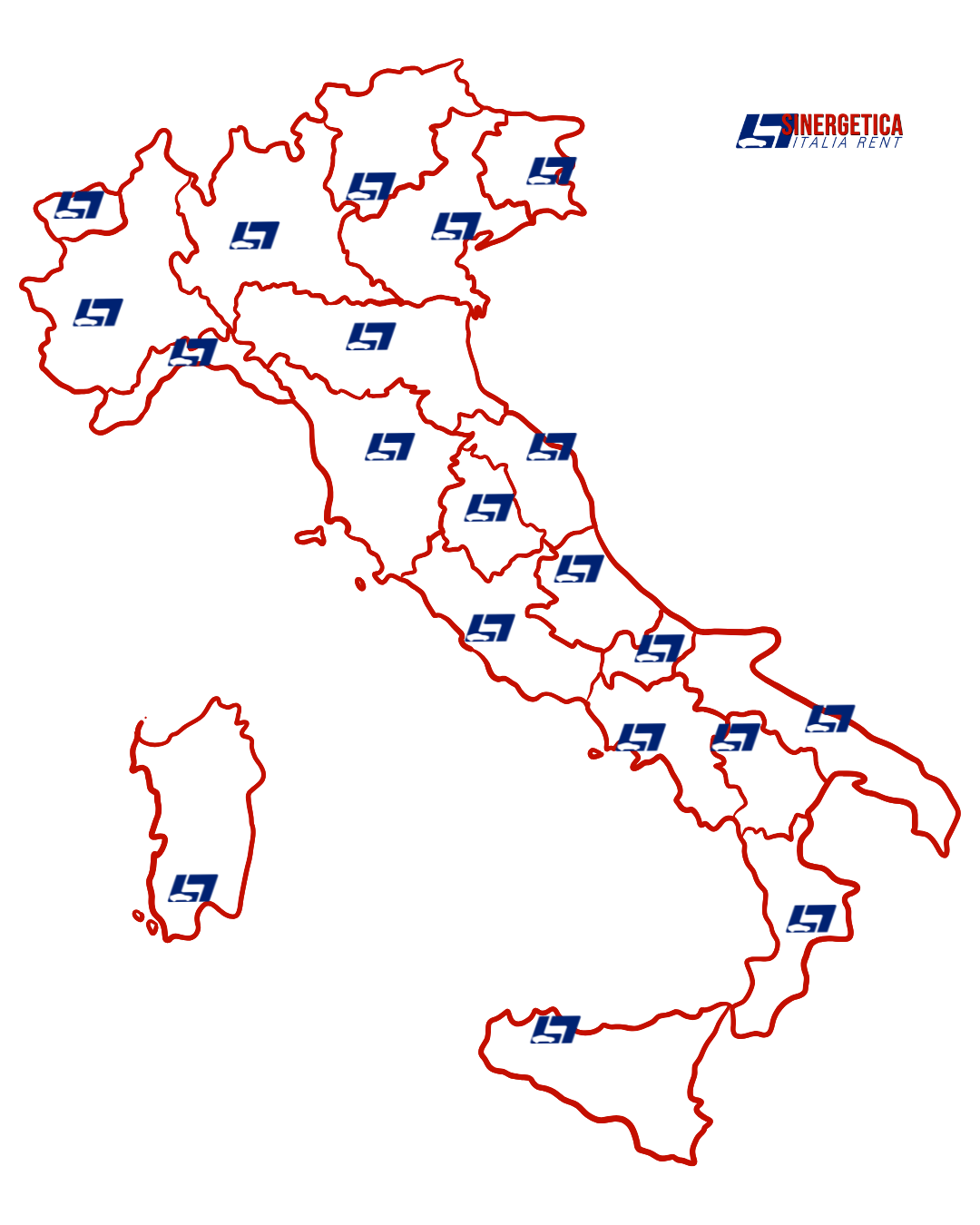 Mappa dell'Italia con divisione regionale, con loghi di Sinergetica Italia Rent posizionati in varie regioni