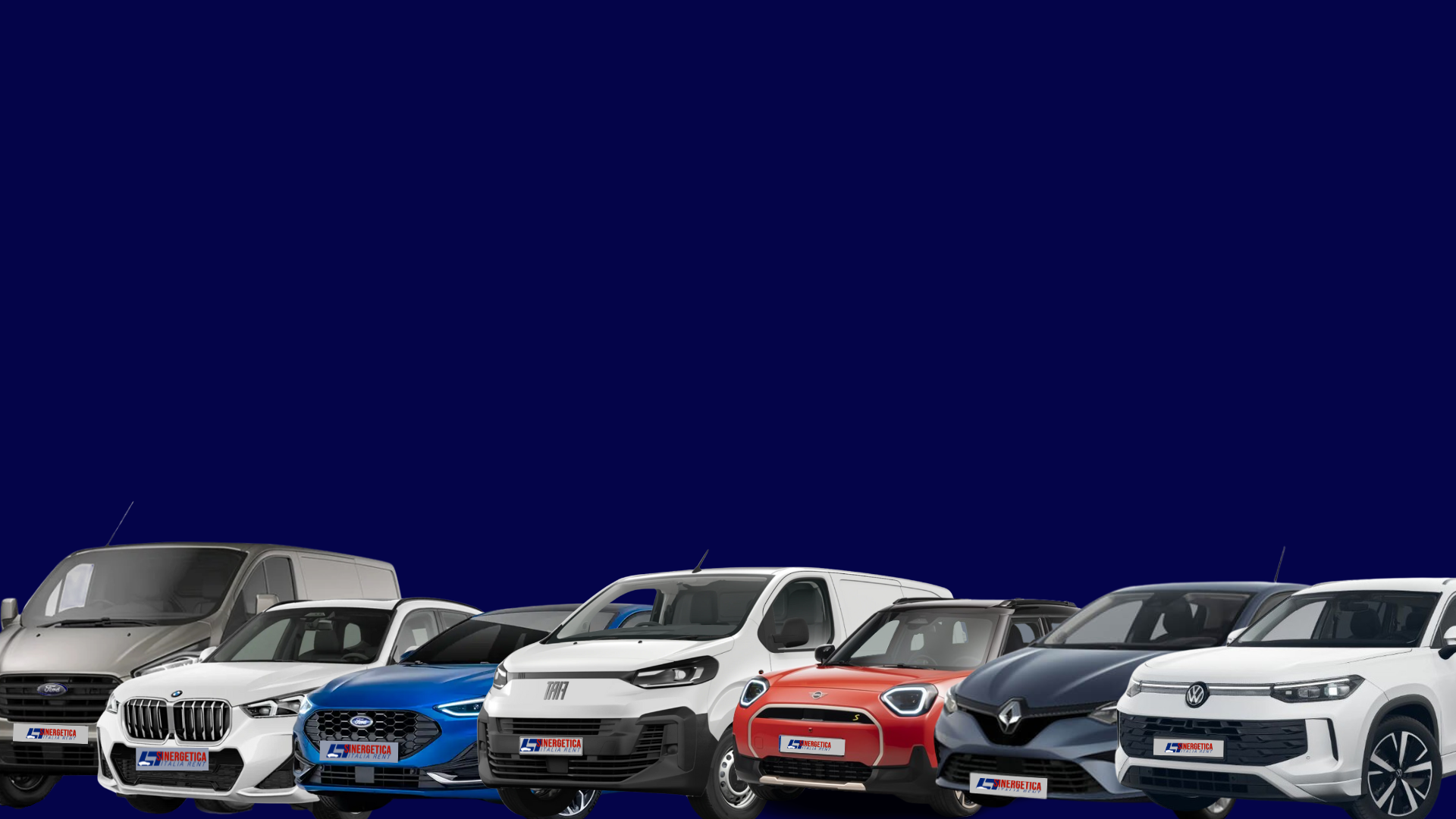 Gamma di auto e veicoli commerciali di Sinergetica Italia Rent su sfondo blu: noleggio facile, veloce e senza pensieri per privati e aziende