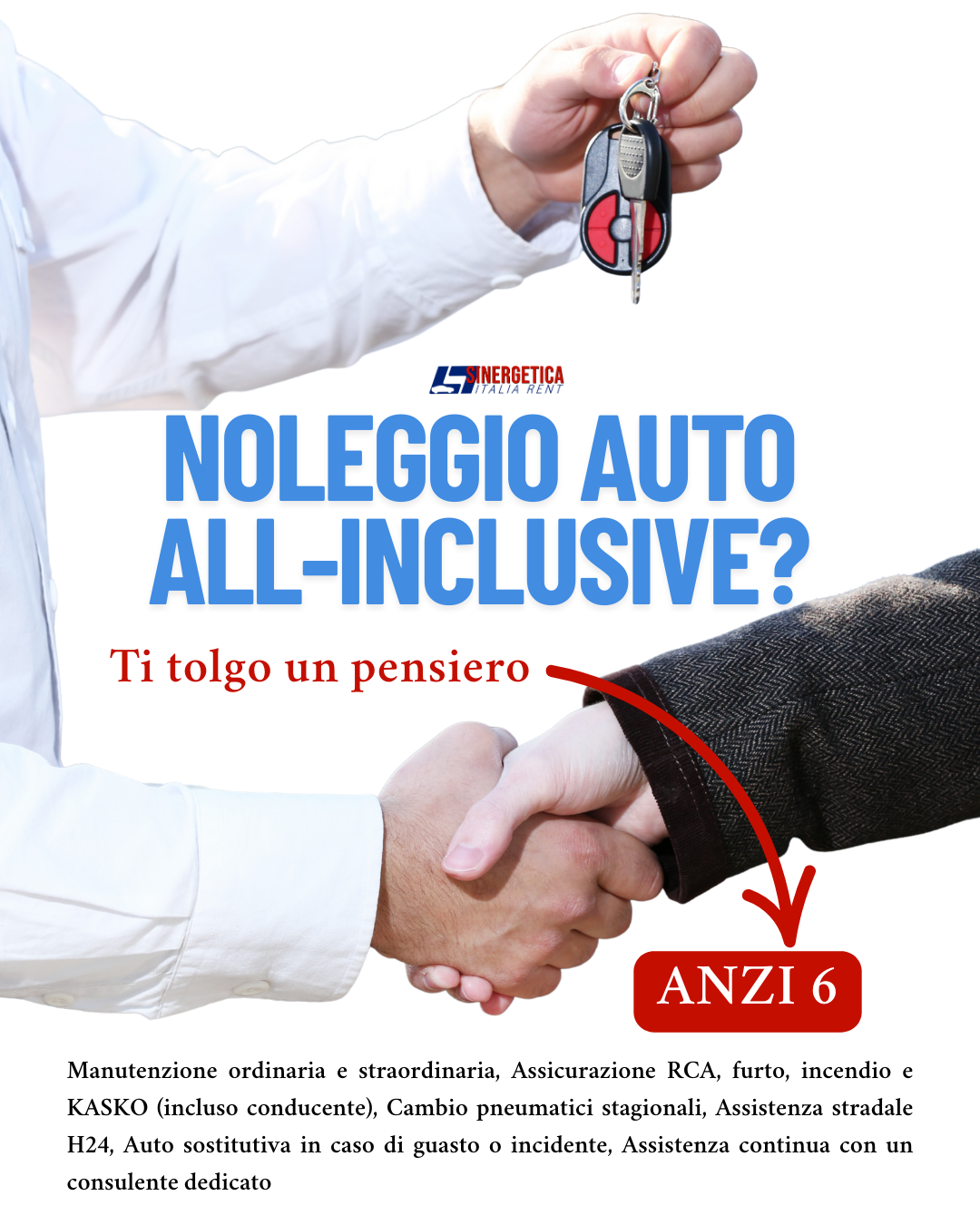 Stretta di mano tra due persone con chiavi dell’auto: Sinergetica Italia Rent offre noleggio auto all-inclusive con manutenzione, assicurazione, cambio gomme, assistenza stradale e consulente dedicato