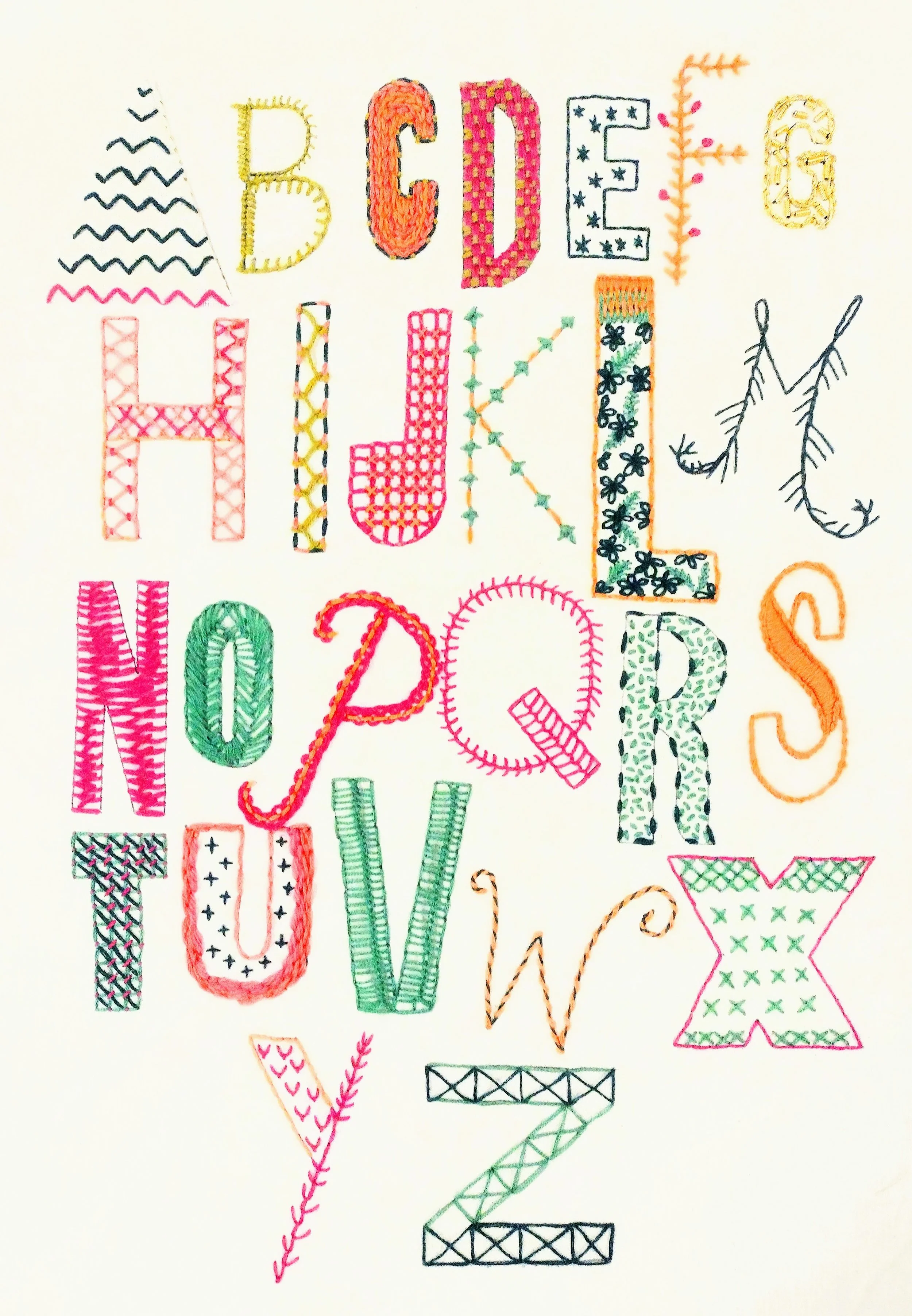 Colorful embroidered alphabet letters spelling 'BECAUSE YOU ARE WORTHY' with various patterns on each letter, arranged vertically.