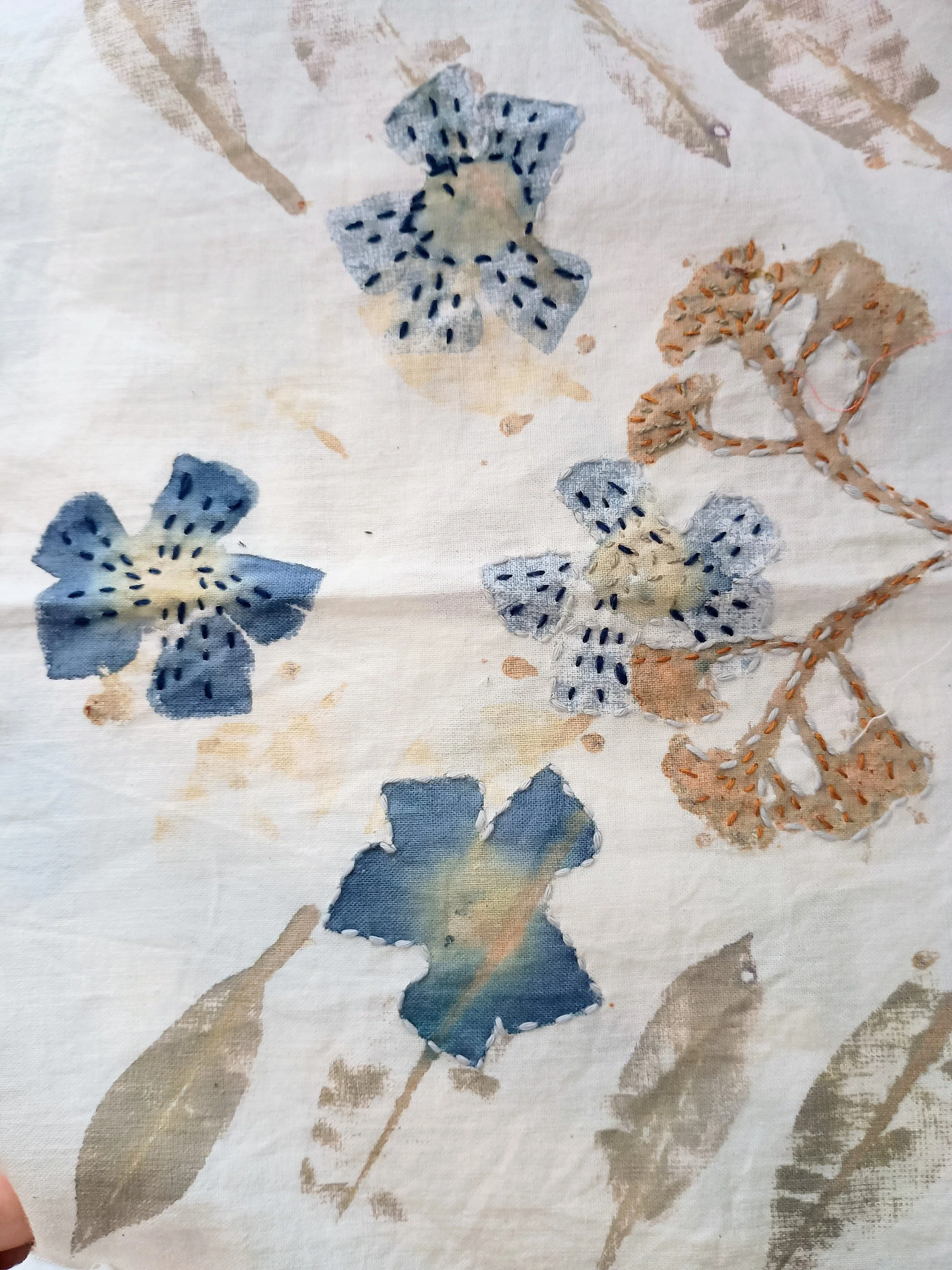 Close-up of fabric with embroidered blue flowers and tan stitched flower design.