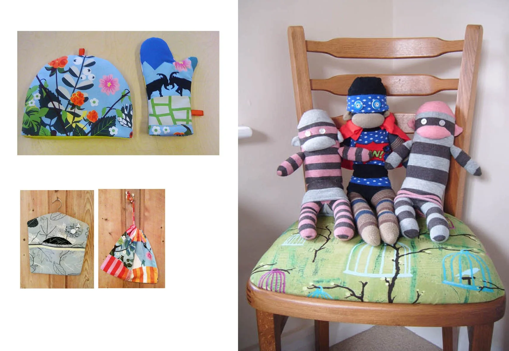 Assorted fabric toys and accessories, including a doll, slippers, a hanging bag, and a pouch with colorful and patterned fabric in shades of blue, pink, gray, and white. The stuffed dolls are seated on a wooden chair with a green patterned cushion.