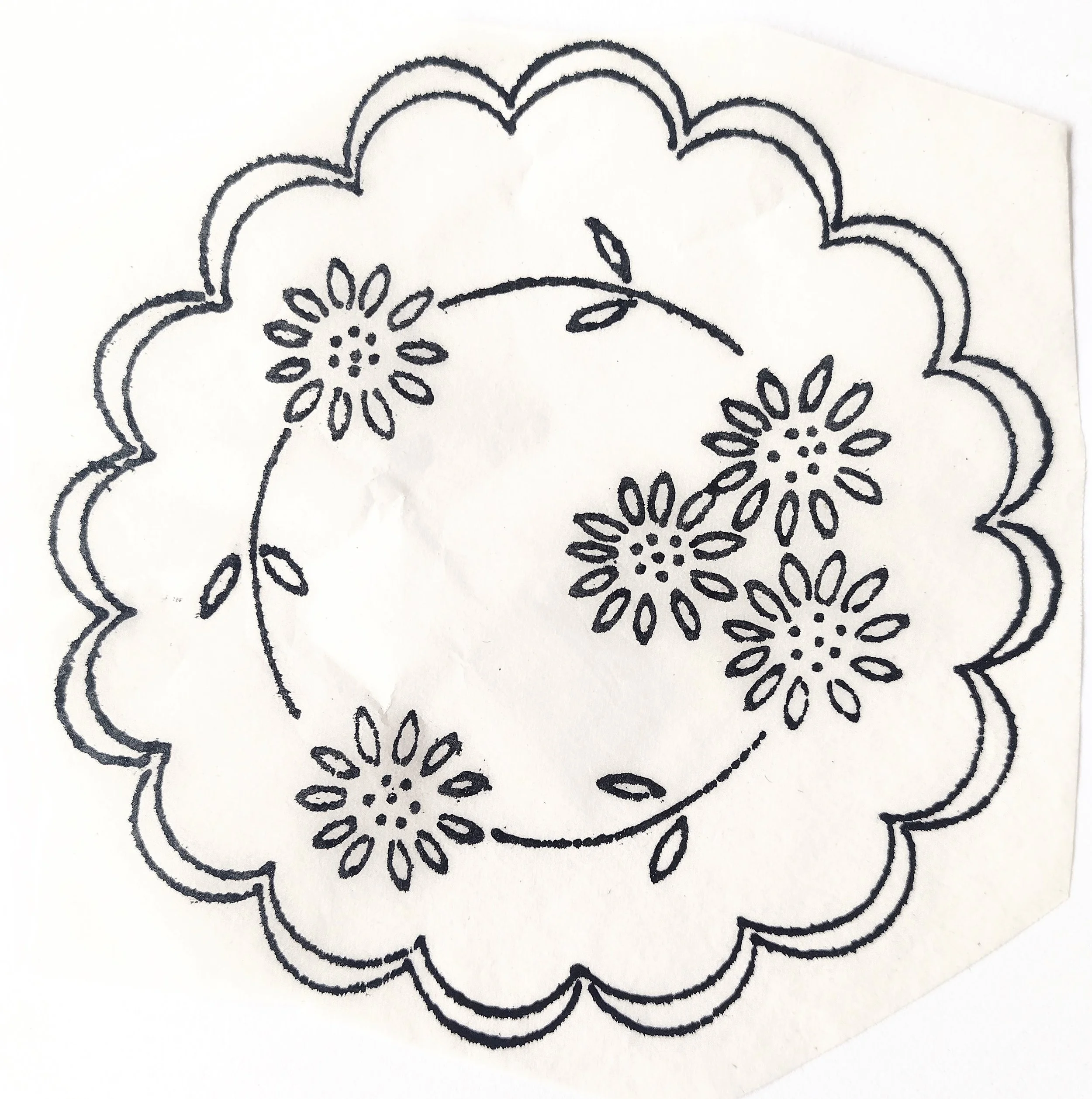 Black line drawing of three large flowers with detailed petals on white paper.