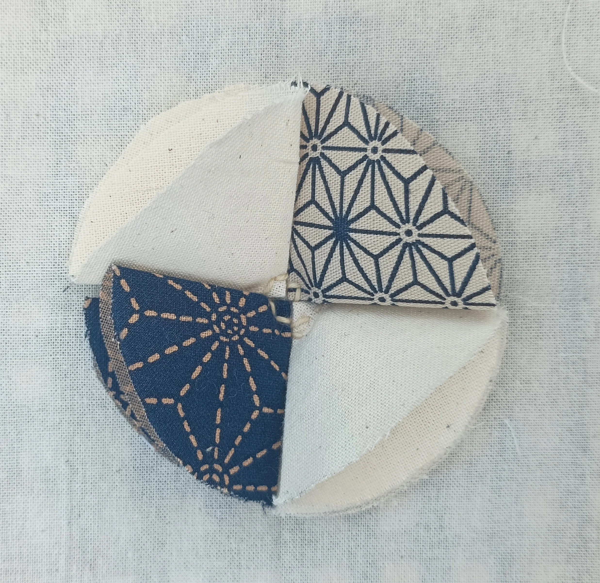 Close-up of fabric pieces with geometric and floral patterns, layered on a white textured background.