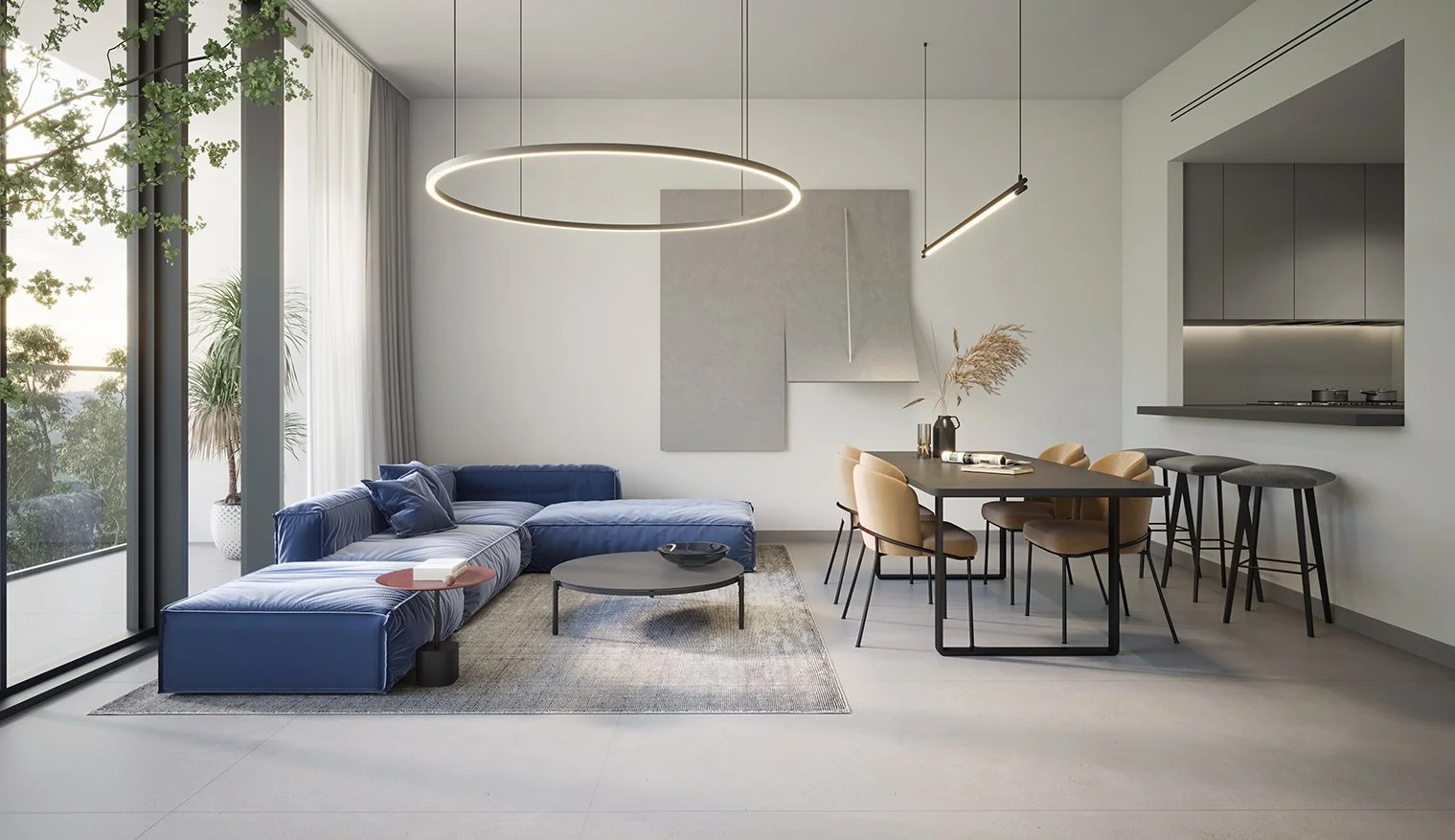 Modern living room and dining area with large glass window, blue sofa, circular coffee table, beige chairs at the dining table, minimalistic artwork on the wall, and pendant lighting