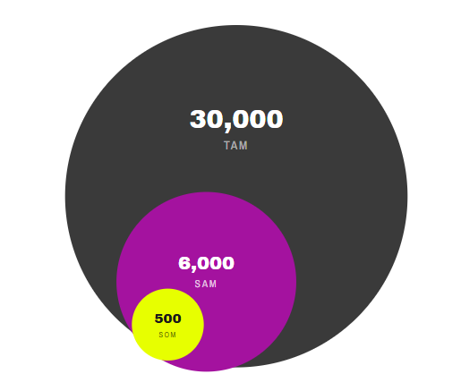 Venn diagram showing three circles labeled TAM with 30,000, SAM with 6,000, and SOM with 500.
