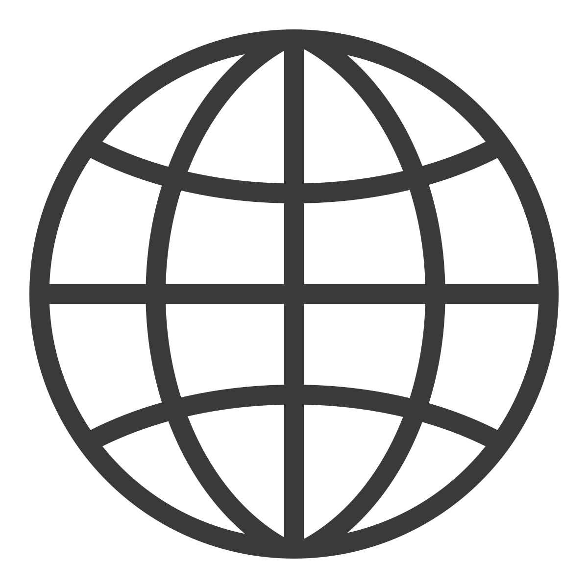 A gray globe icon on a black background.
