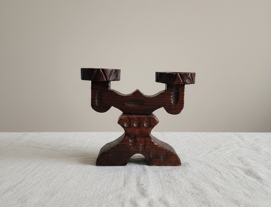 Vintage hand-carved wooden double candle holder on wooden surface.