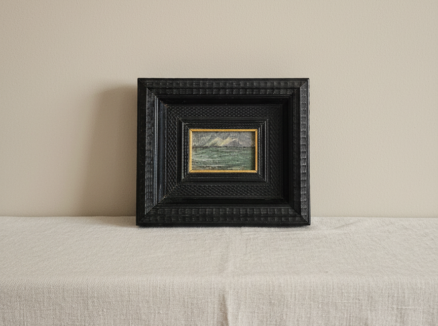 Vintage Miniature Seascape Painting – Black & Gold Framed Artwork