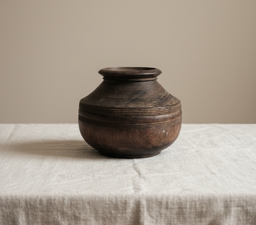 Vintage hand-carved wooden vessel with dark patina on linen background.