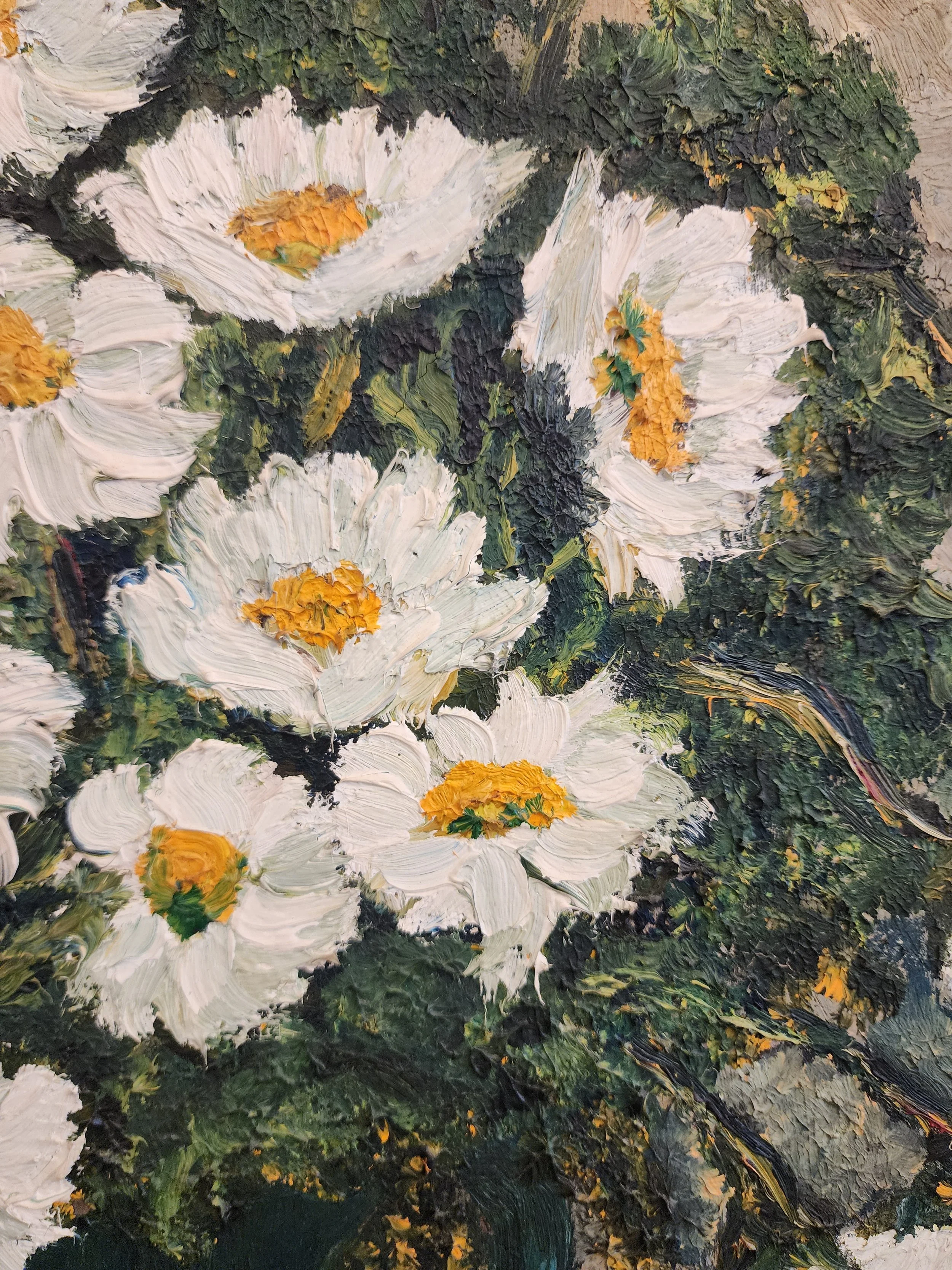 Close-up of textured impasto daisy petals and brushwork