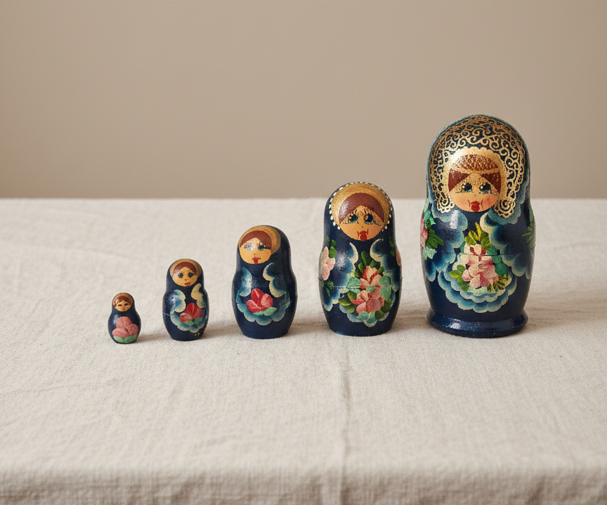 “Vintage Russian blue floral matryoshka doll set displayed in a row on a linen cloth.”
