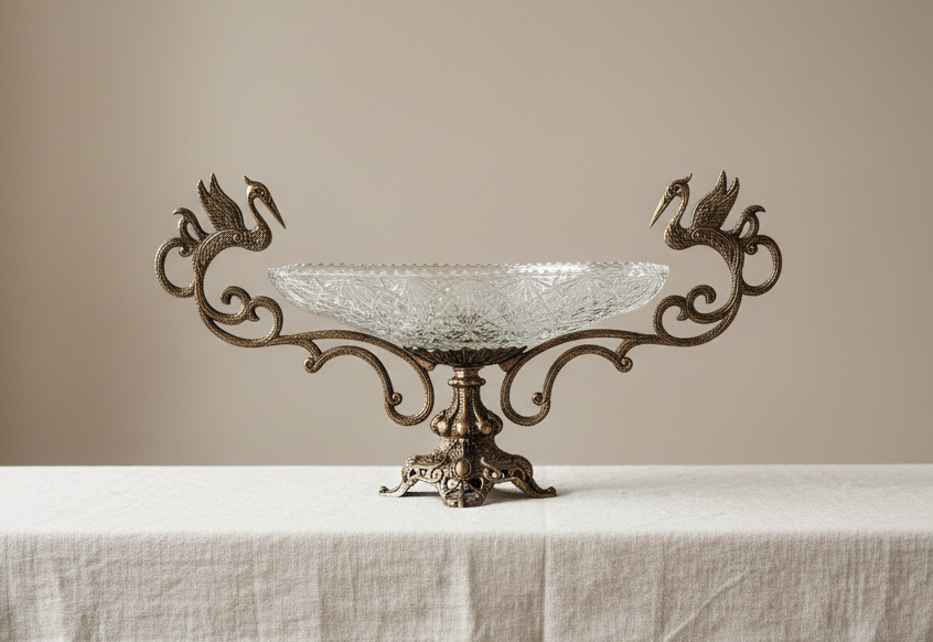 “Antique brass centerpiece with cut-glass bowl and ornate swan handles displayed on linen.”