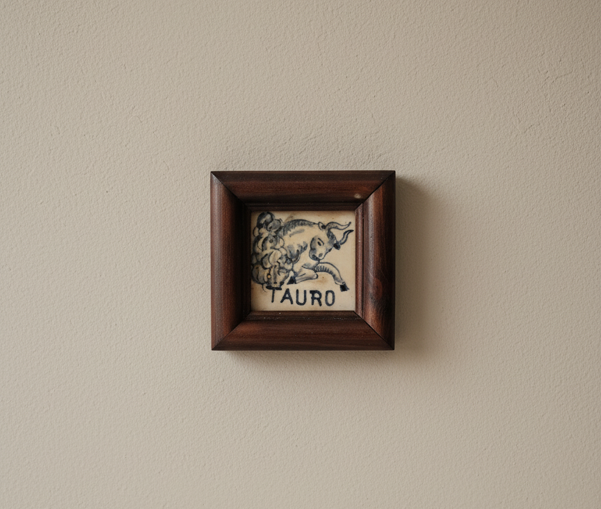 Antique Spanish ceramic tile depicting Taurus zodiac sign in wooden frame.
