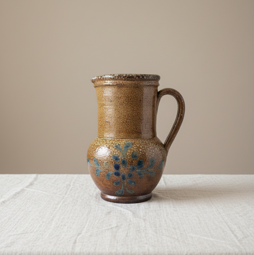 Vintage brown stoneware pitcher with blue and teal hand-painted floral motif on linen backdrop
