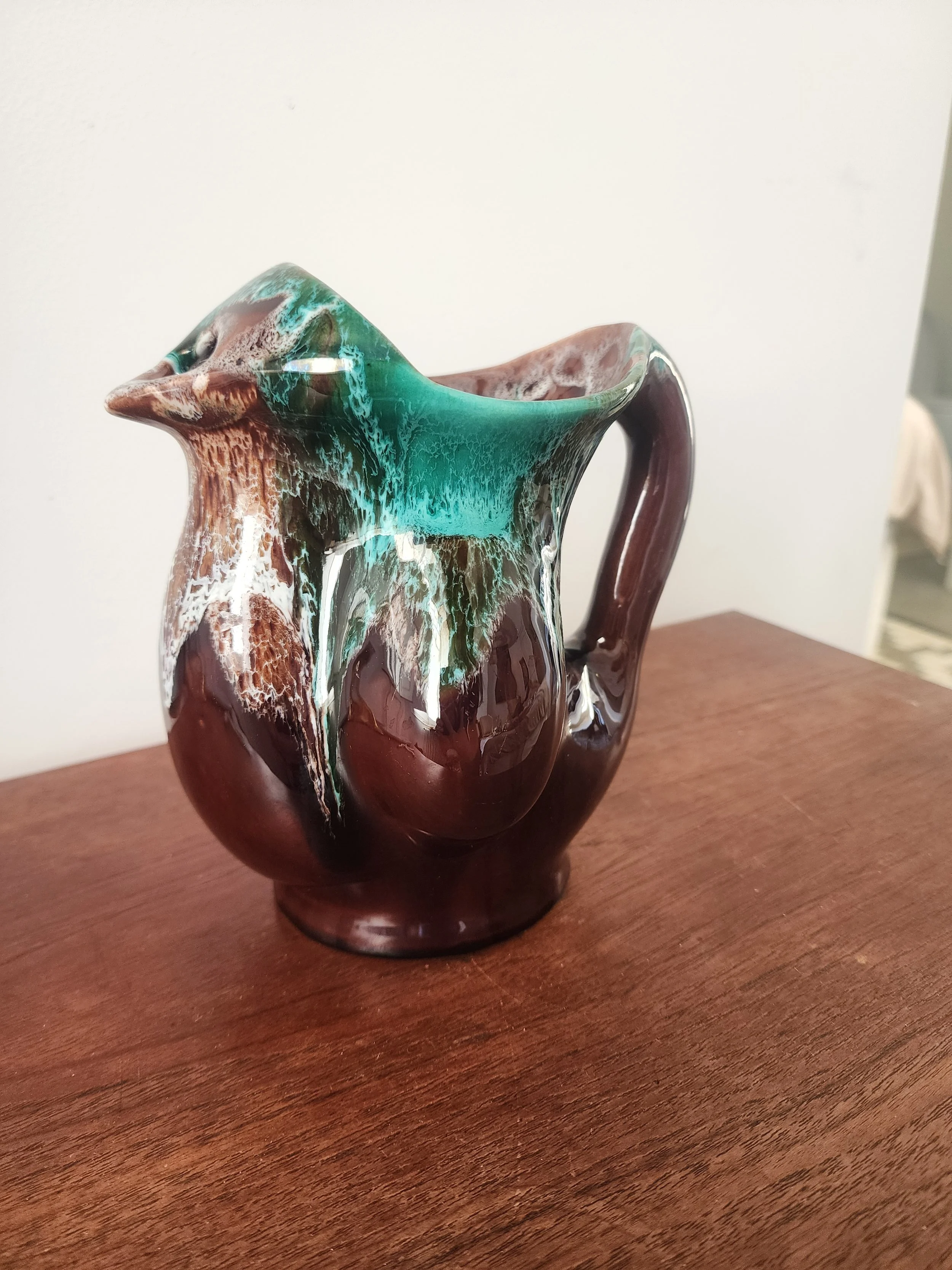vintage drip glaze ceramic pitcher brown and green