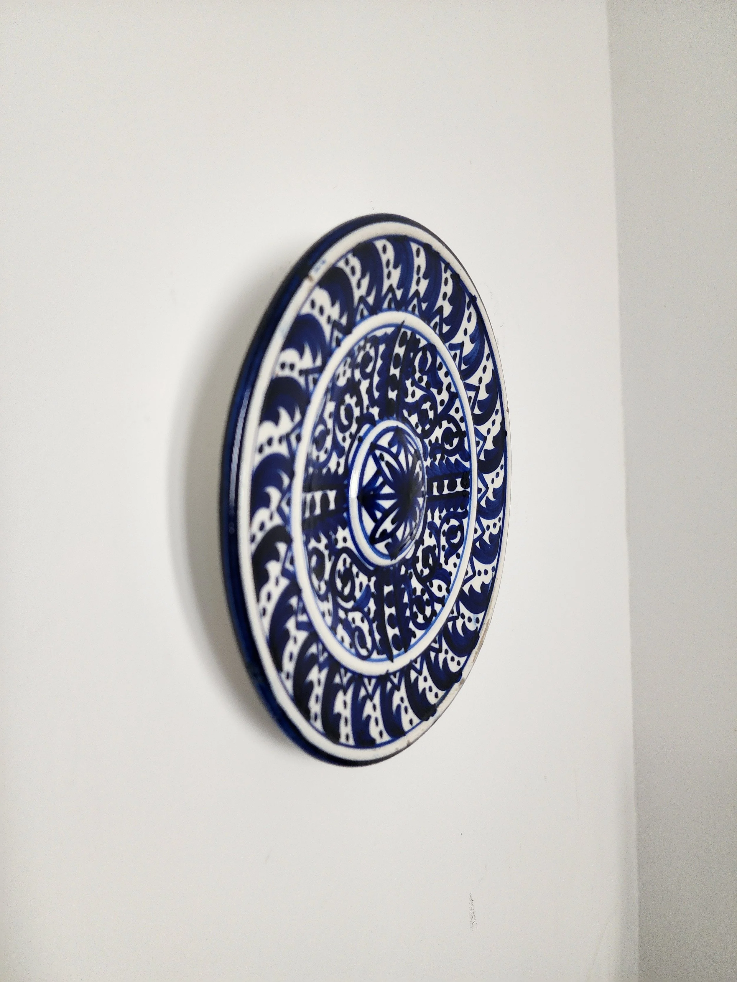 Pair of vintage blue and white ceramic plates with hand-painted motifs.