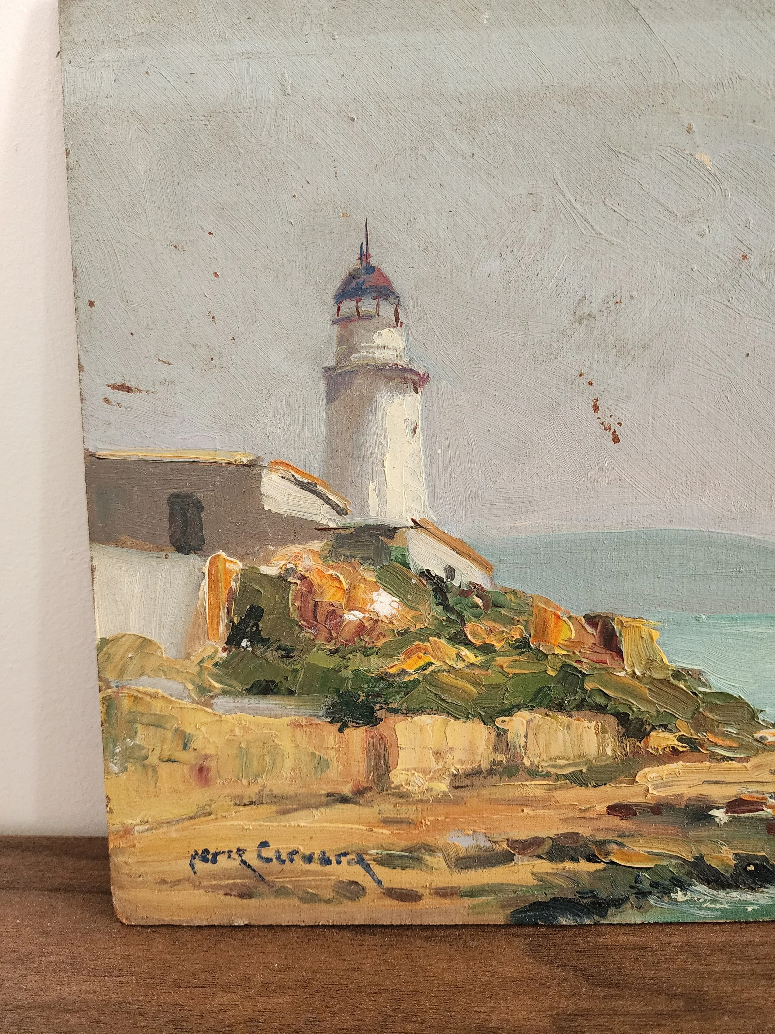Close-up of textured brushwork and ocean detail.