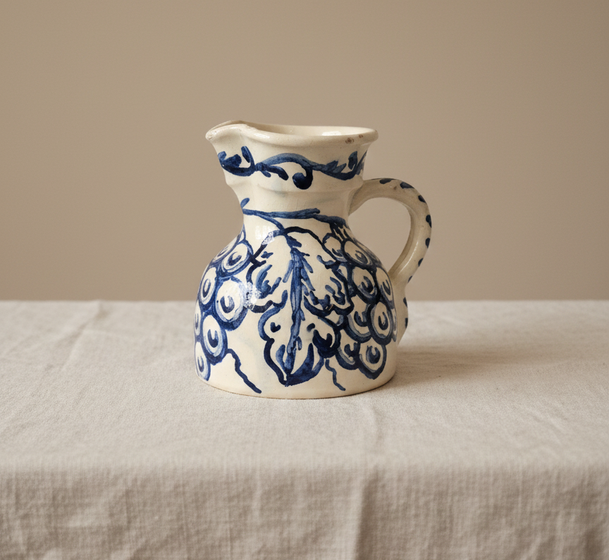 “Vintage blue and white hand-painted ceramic jug on a neutral linen cloth.”