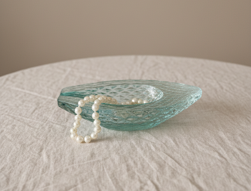 Vintage Textured Aqua Glass Dish – Mid-Century Oval Catchall Bowl