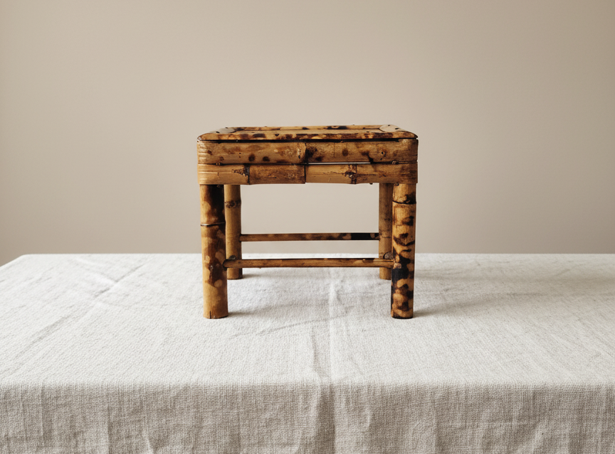 Vintage Burnt Bamboo Stool – Small Rustic Boho Side Table