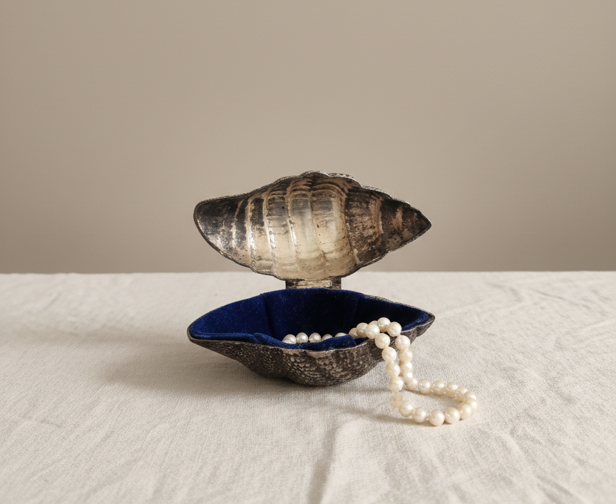 “Textured silver metal shell box featuring a blue velvet interior against a neutral background.”