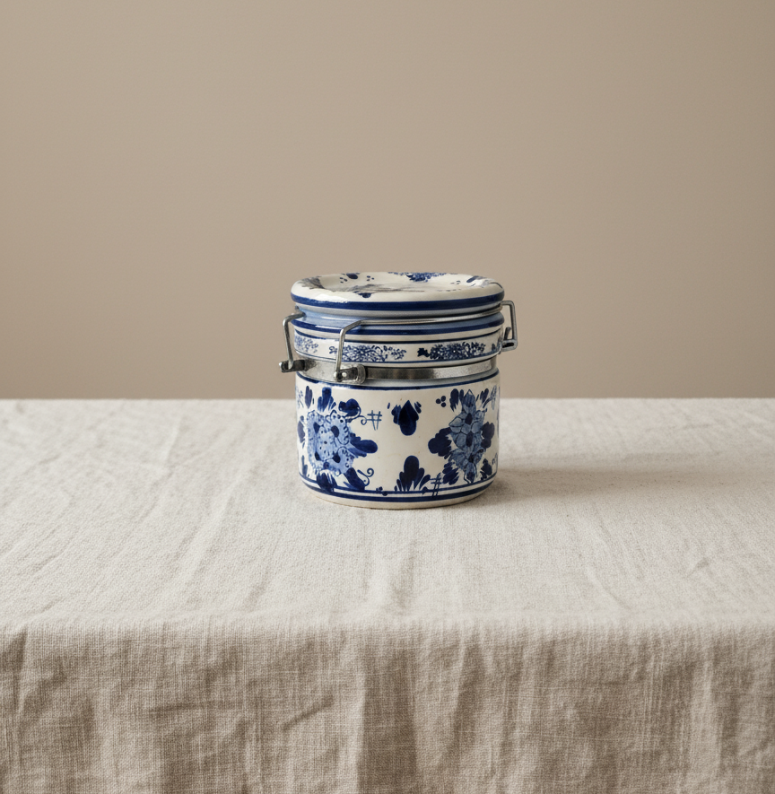 Vintage Delft blue ceramic canister with lid and wooden spoon on linen table.