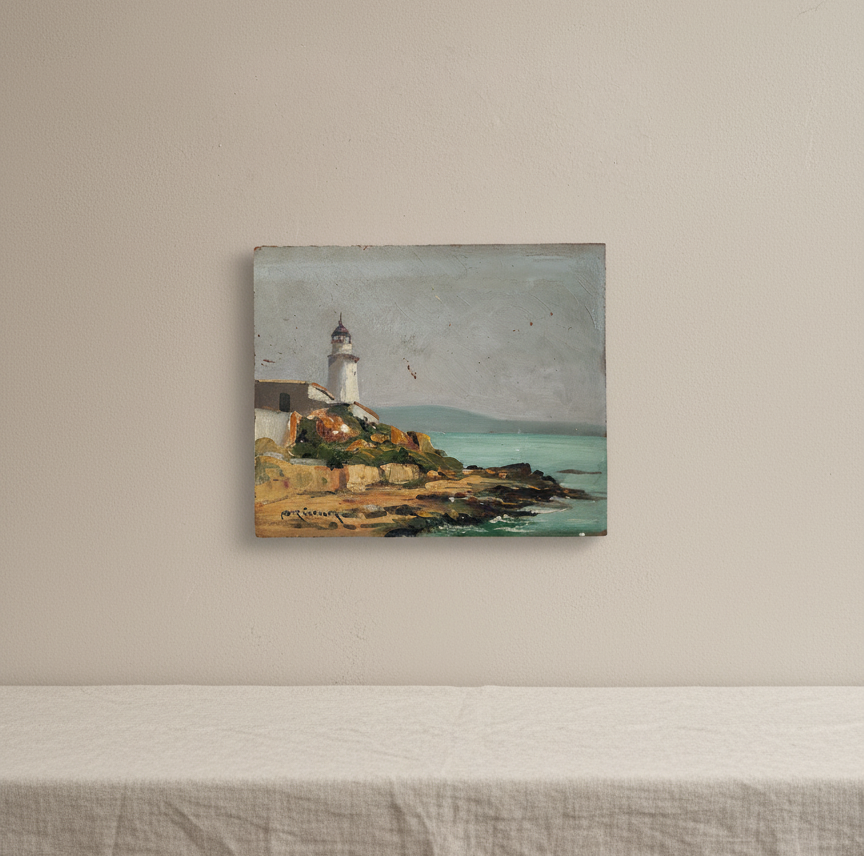 Vintage oil painting of a lighthouse on a rocky shore, signed by artist Cervas.