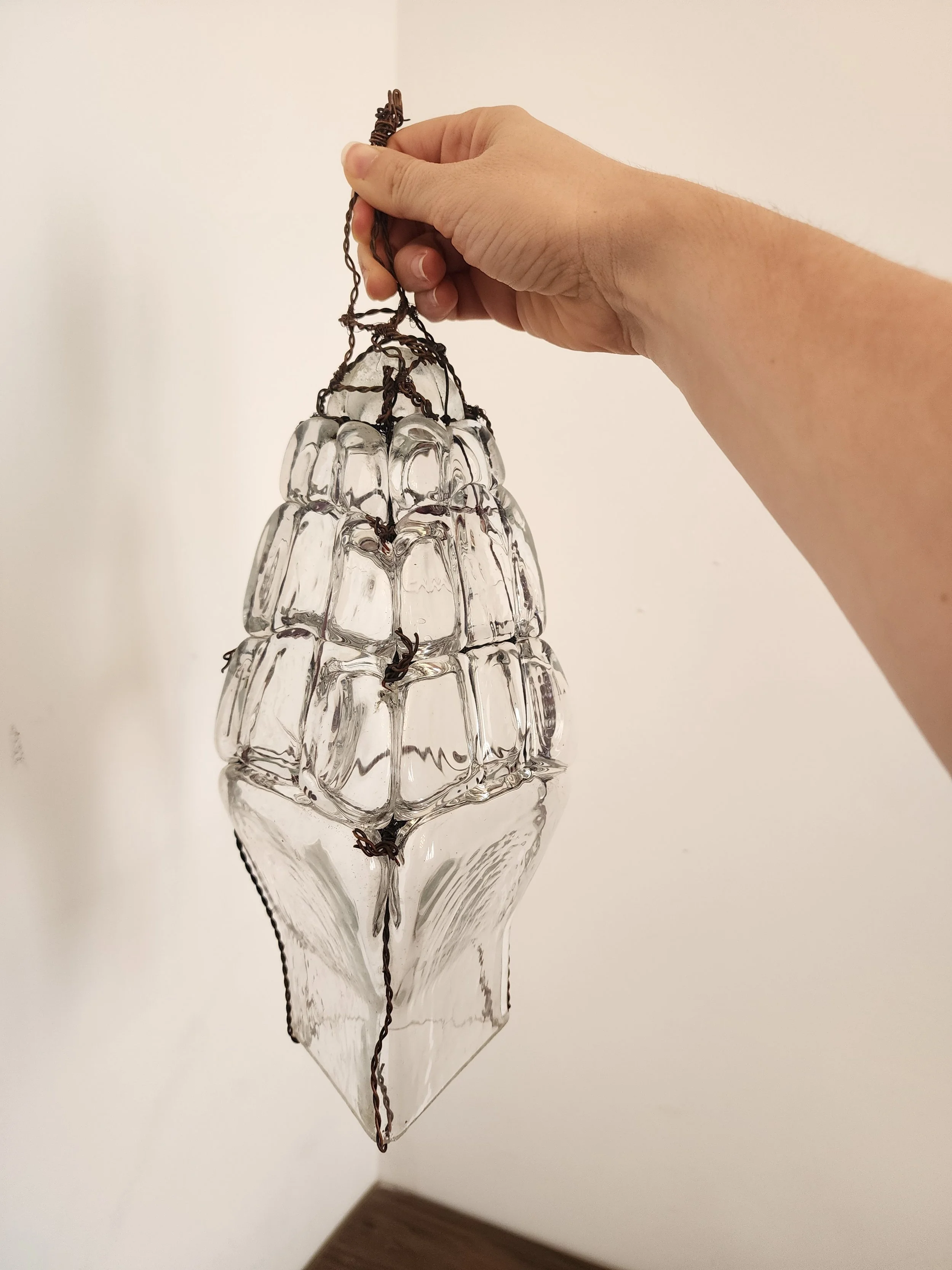 “Organic shell-shaped glass art piece with wire detailing, suspended from a metal wall hook.”