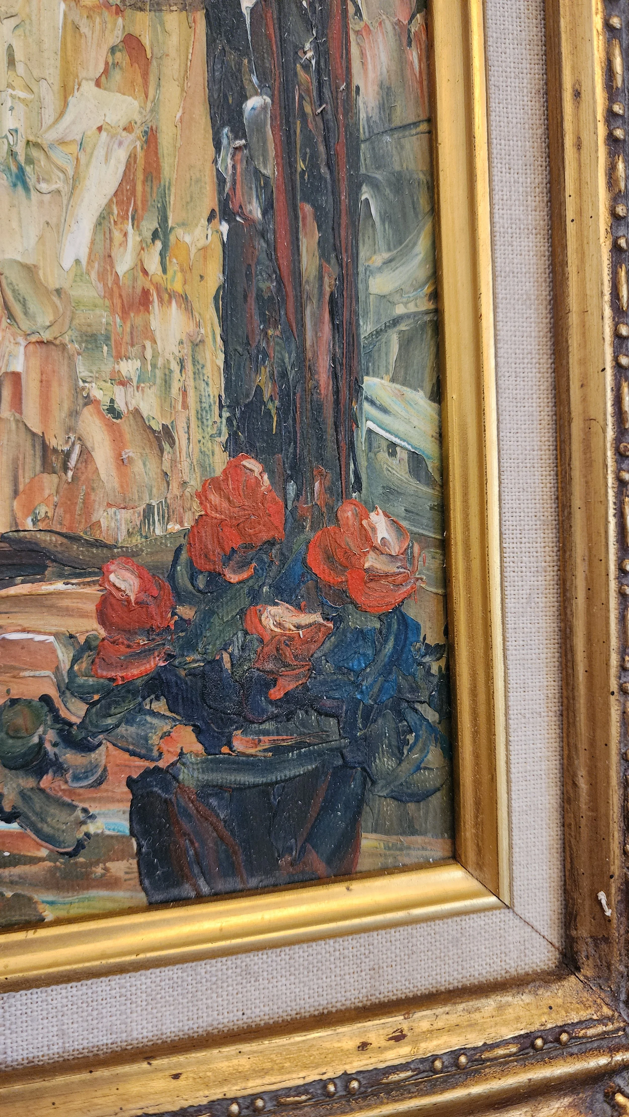 Close-up of impasto brushwork on the courtyard scene.