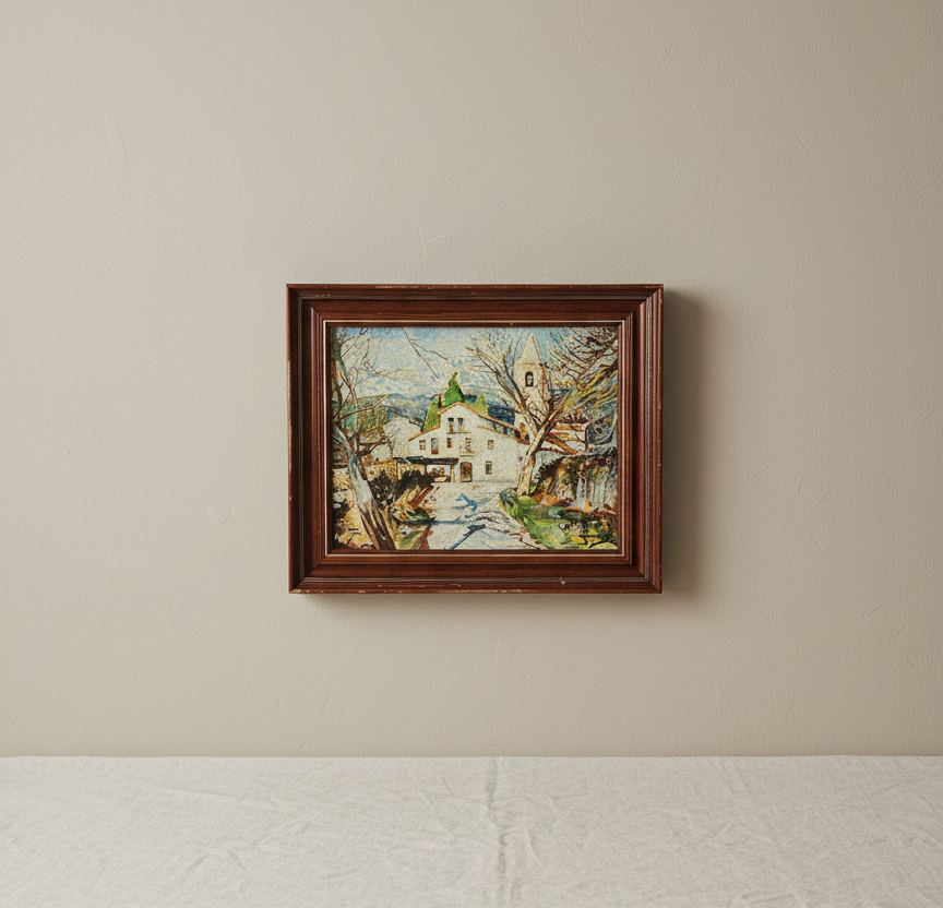 Vintage Framed Oil Painting – Alpine Village Scene